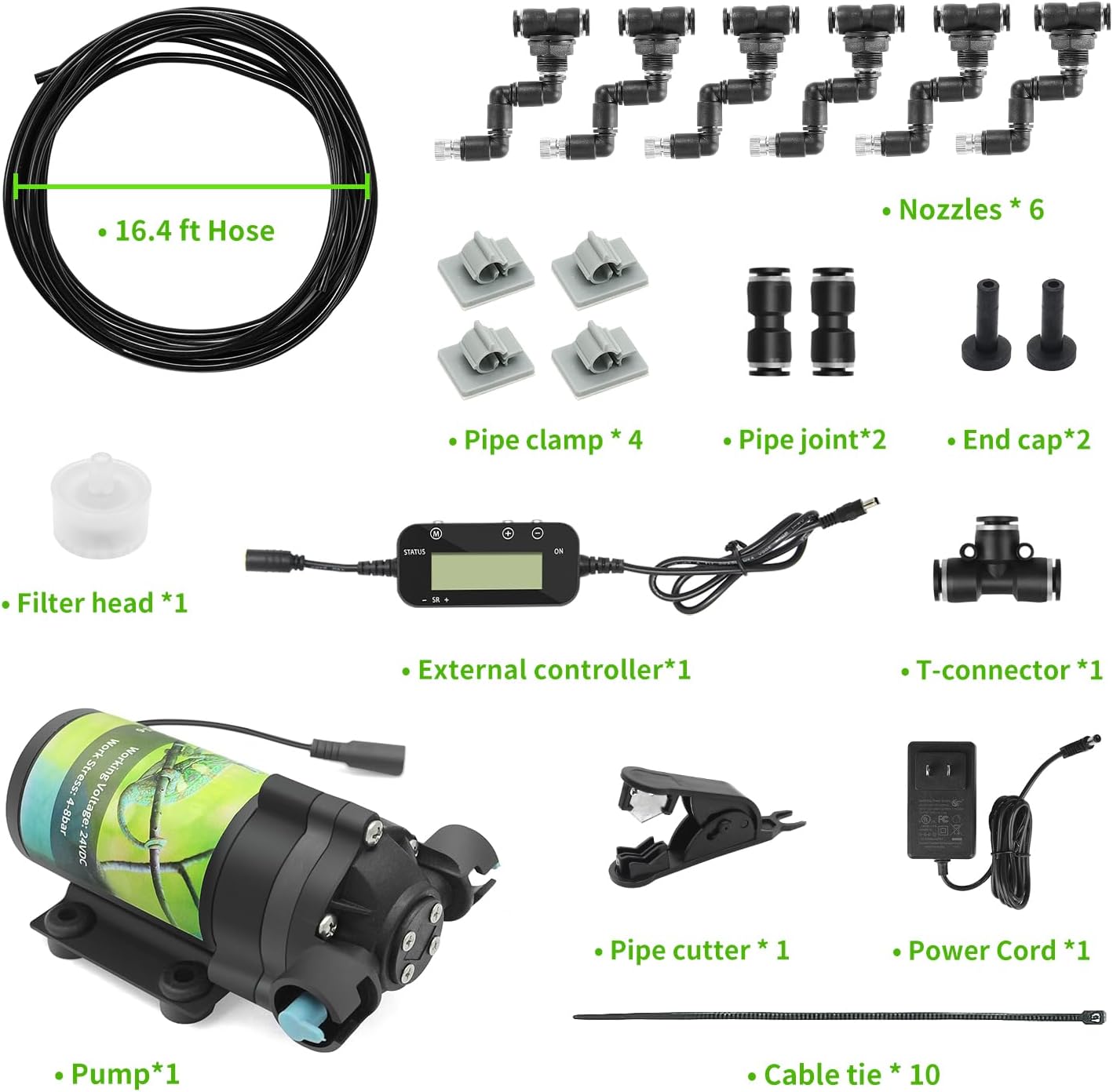 Reptile Misting System with Timer, 6 Adjustable-Joint Nozzles, Self-Priming Pump, Quiet Fine Mist for Chameleons, Geckos, Frogs & Terrariums