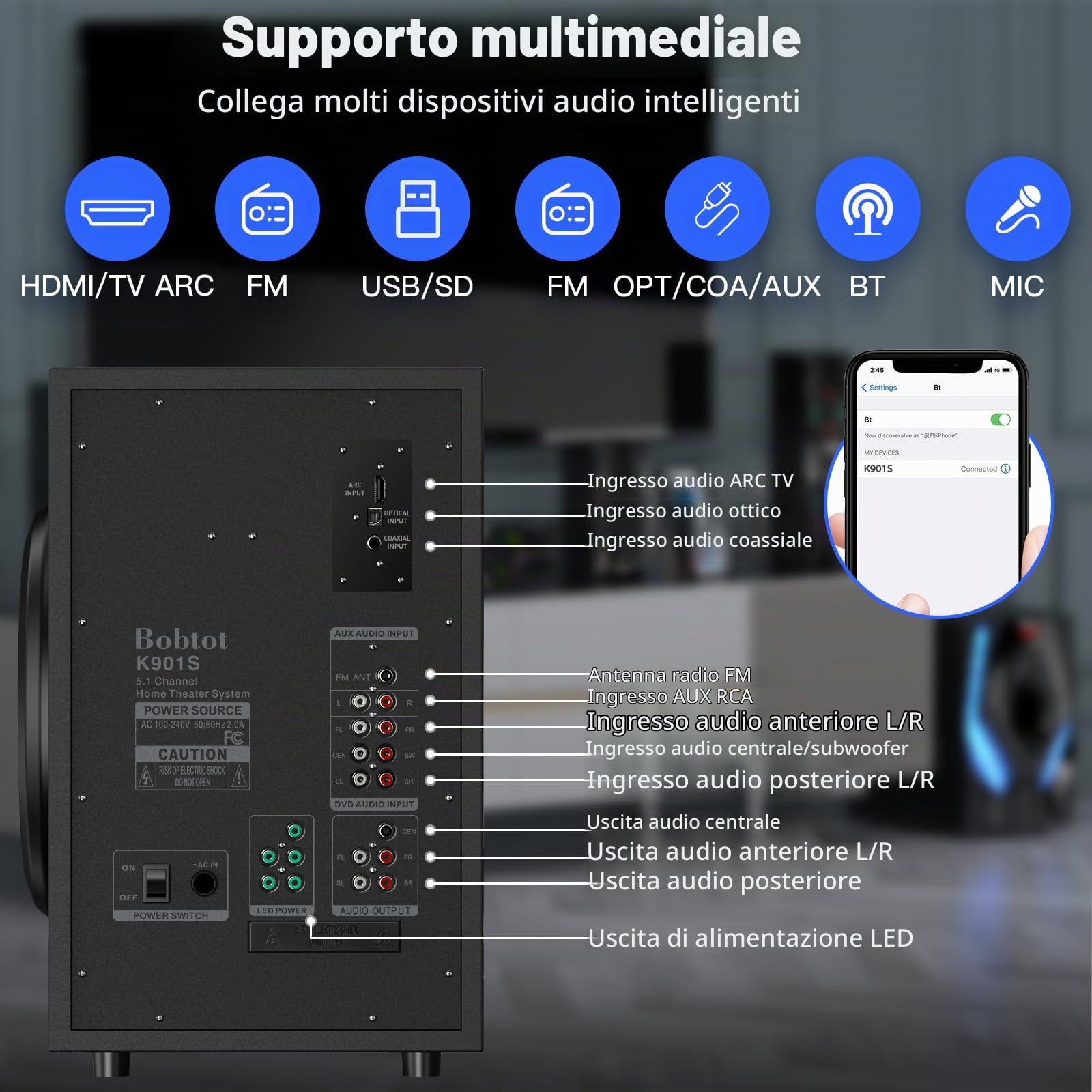 Bobtot Sistema home cinema con altoparlanti surround sound – 1200 Watt, subwoofer da 10 pollici, sistema audio 5.1 con ARC, ingresso Bluetooth ottico (adattatore da spina US a EU incluso nella