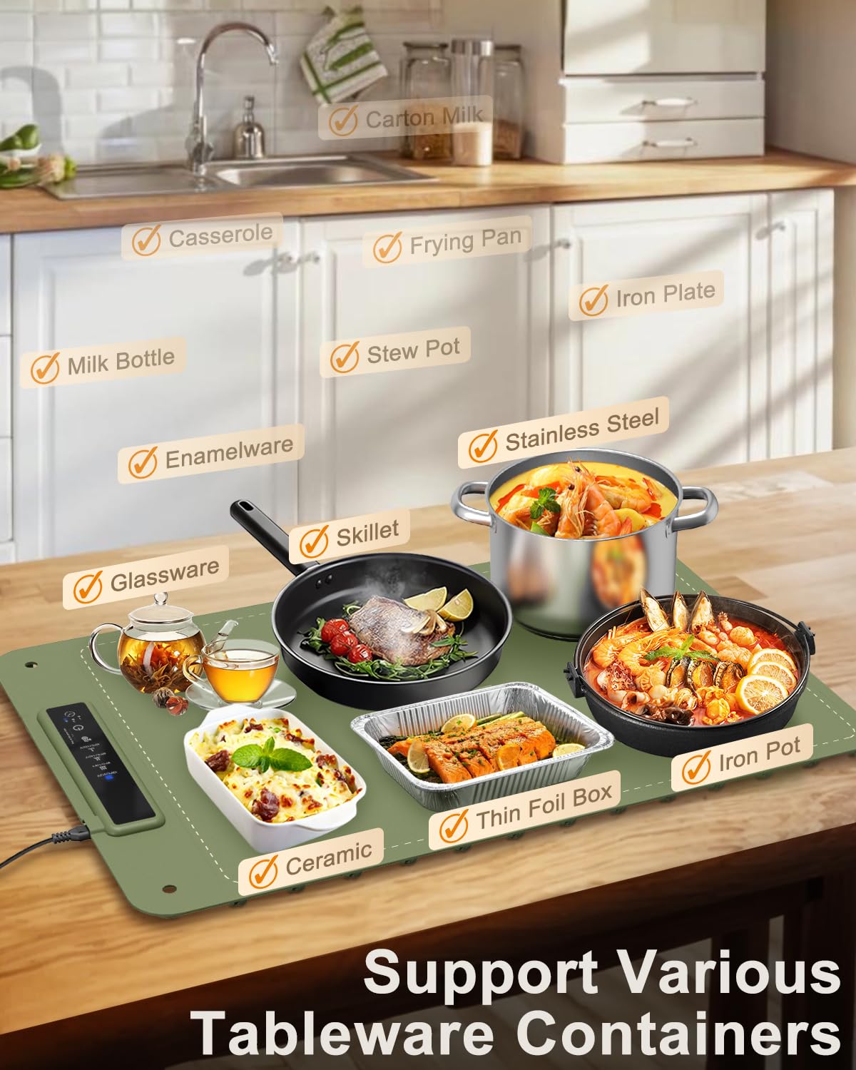 Mojimdo Warming Plate Wärmeplatte für Speisen – Lebensmittelechtes Silikon, 3 Temperaturstufen, vollflächige Erwärmung, flexibel aufrollbar & aufhängbar, ideal für Zuhause, Buffets & Partys – Grün
