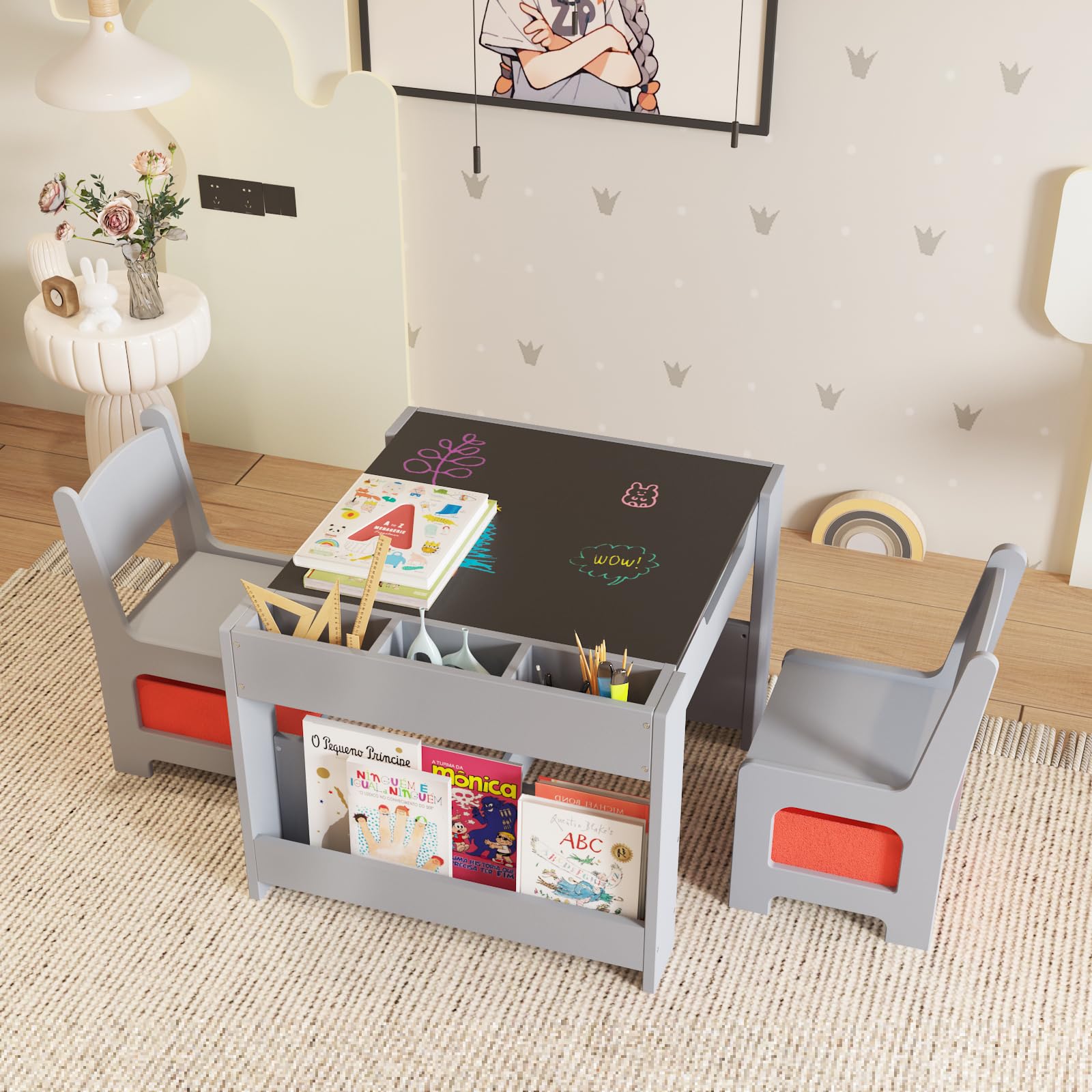 Photo 1 of **PARTS ONLY** MAJOR DAMAGE** 
GarveeHome Kids Table and Chair Set, 4 in 1 Wooden Activity Table & 2 Chairs with Storage Drawer Detachable Tabletop for Toddlers Kids Drawing, Reading, Crafts, Art, Homework, Nursery, Playroom