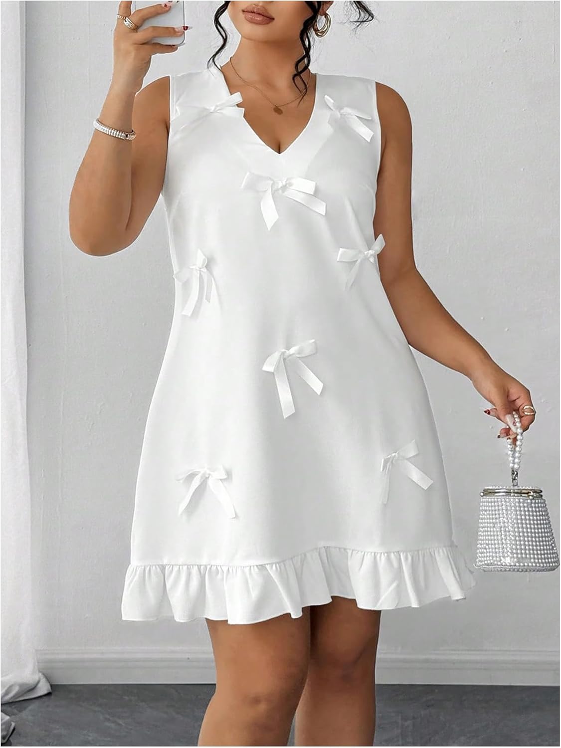 SHENHE Women's Plus Size Bow Dress Sleeveless Ruffle Hem V Neck Flowy Elegant Shift Dress - Image 3