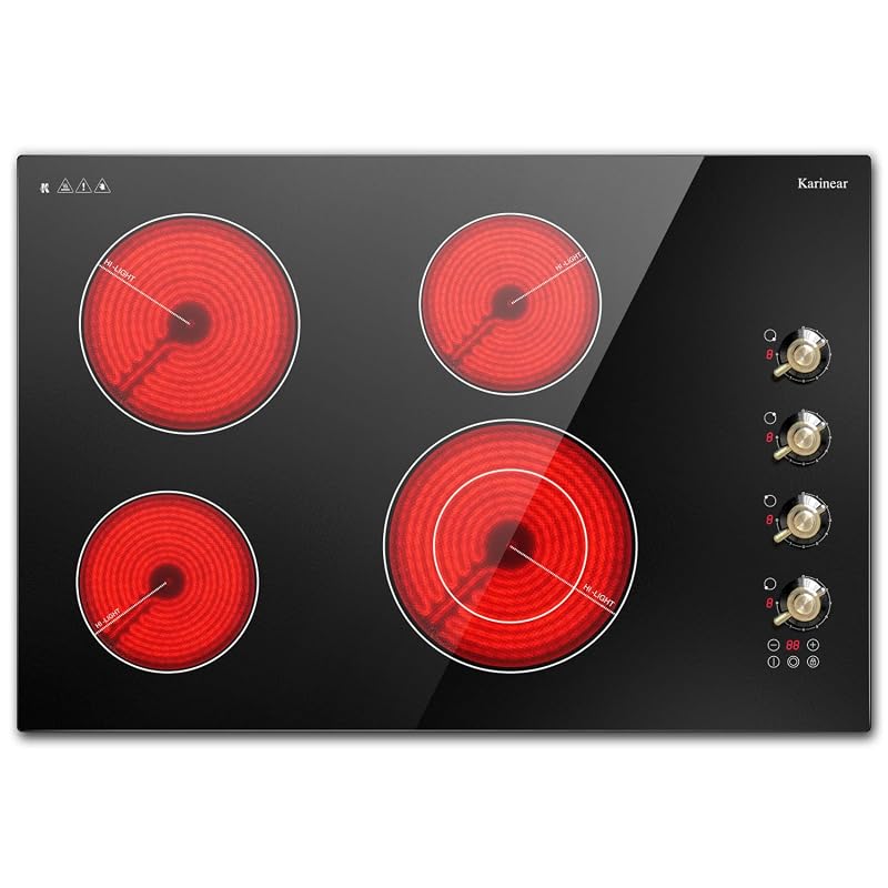 Karinear Electric Cooktop 30 Inch, 4 Burners Electric Stove Top, Built-in Radiant Cooktop with Expandable Burner, Knob Control, Safety Lock, Timer, 6700W 220~240V Hard Wired(No Plug) 4 burner 30 inch 