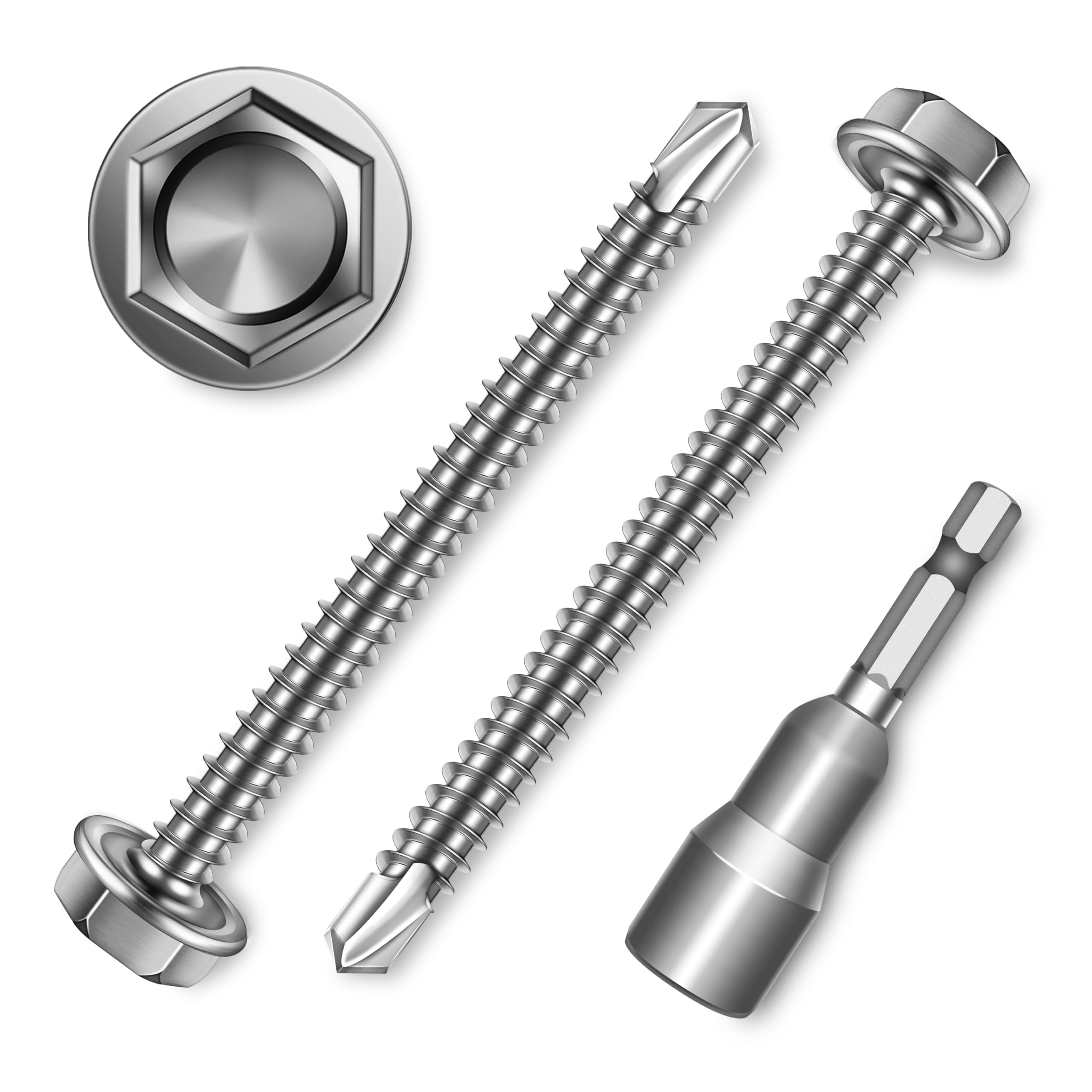 EASTPUK 50Pcs #8 x 2 Sheet Metal Screws, 410 Stainless Steel Self Drilling Hex Washer Head Self Tapping Screws for Metal with Drill Bit