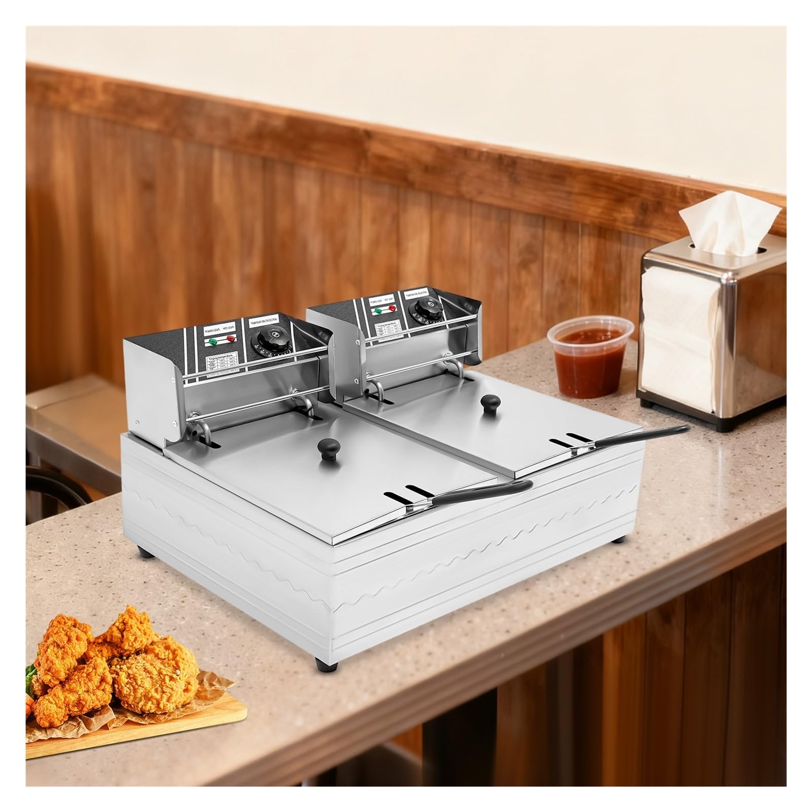 Freidora De Doble Tanque For Patatas Fritas, 12 L, Tubo Calefactor 5 Anillos Calentamiento RáPido