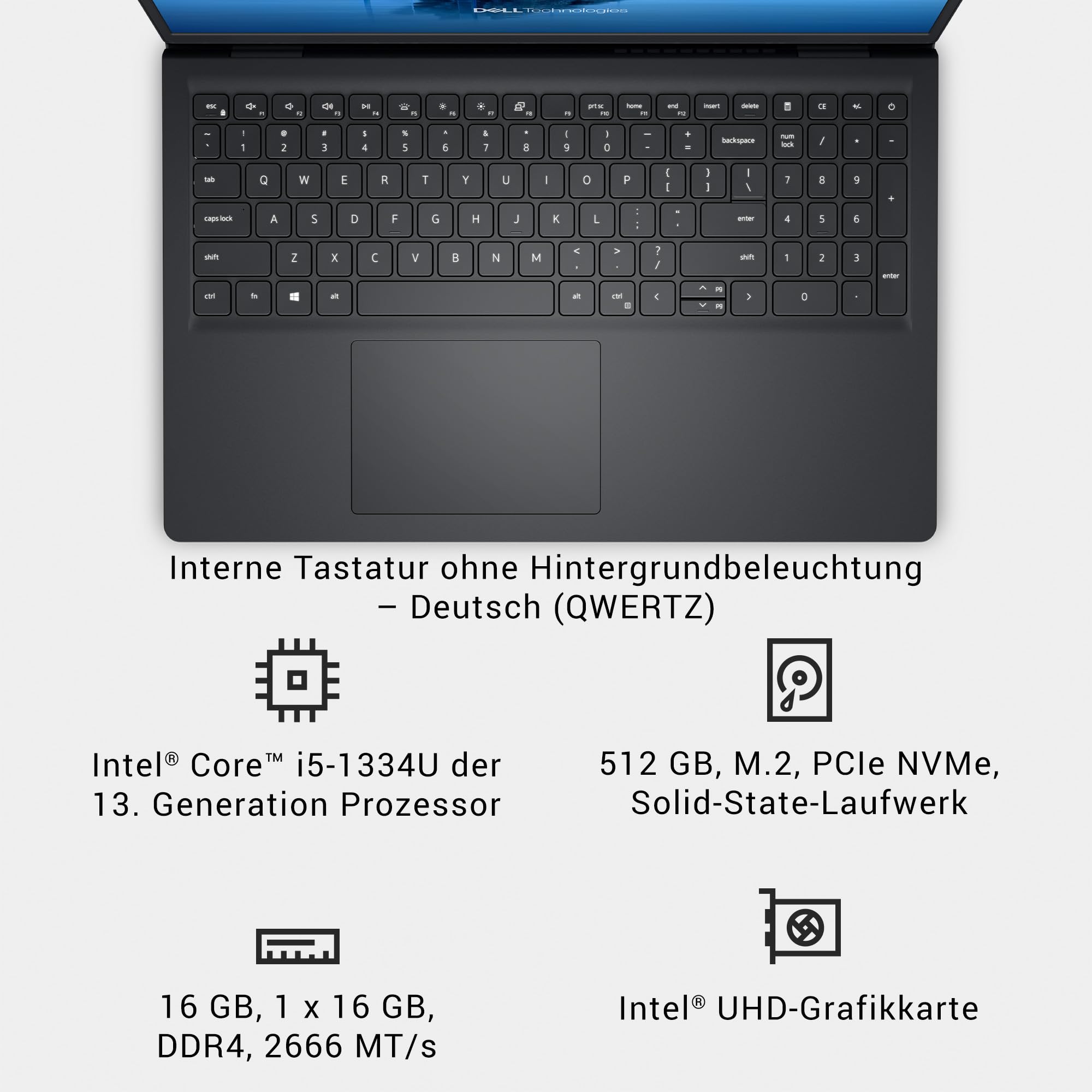 Dell 15 Laptop DC15250, Intel Core i5-1334U, 15,6 Zoll FHD, Windows 11 Home | 16GB DDR4, 512GB SSD, Intel UHD Grafik, Anti-Glare, Deutsch QWERTZ Tastatur