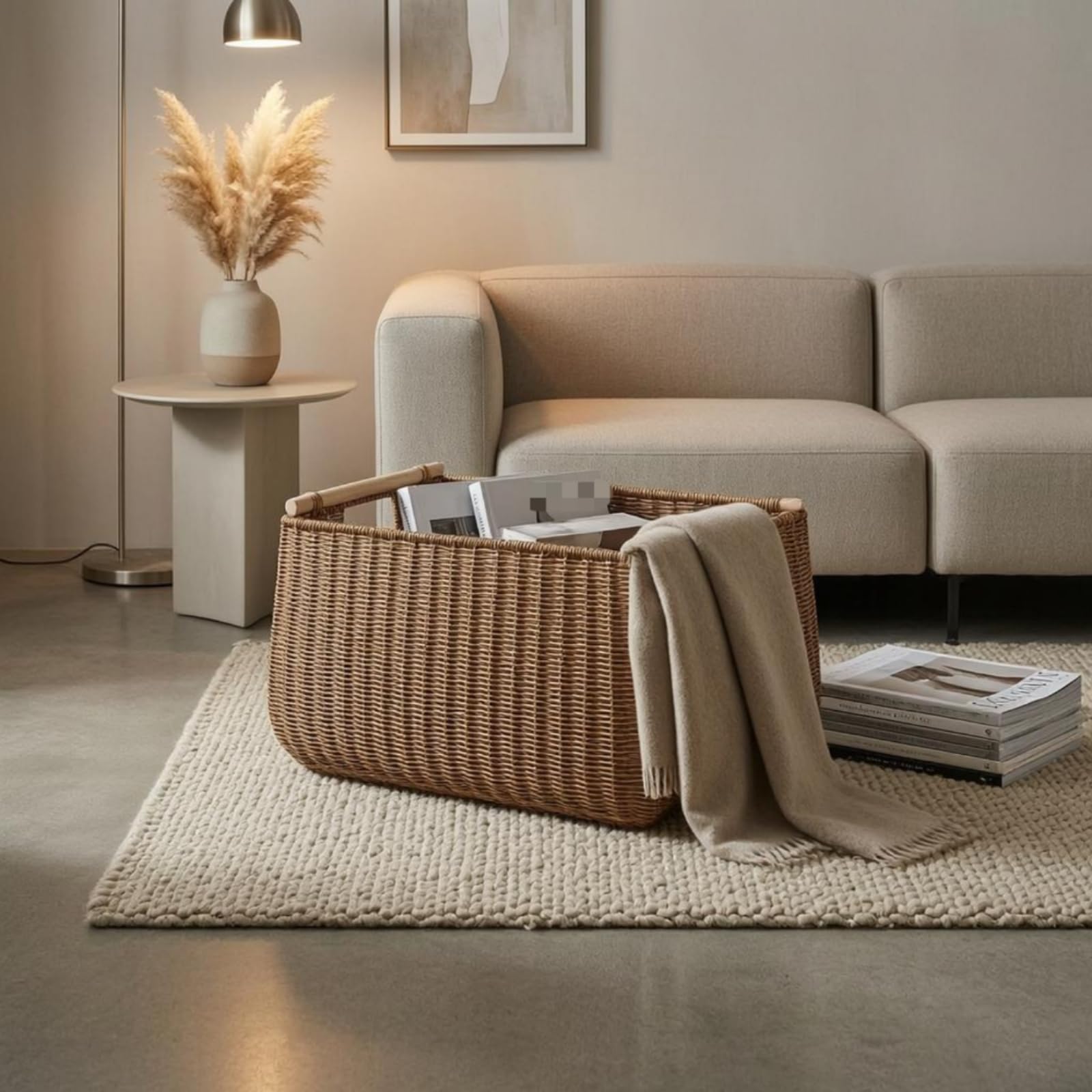 Cesto Rettangolare Aperto Intrecciato Cesto Portaoggetti Rettangolare Plastica Cesta in Finto Rattan, Marrone Scuro, 50 35/46 30 27cm