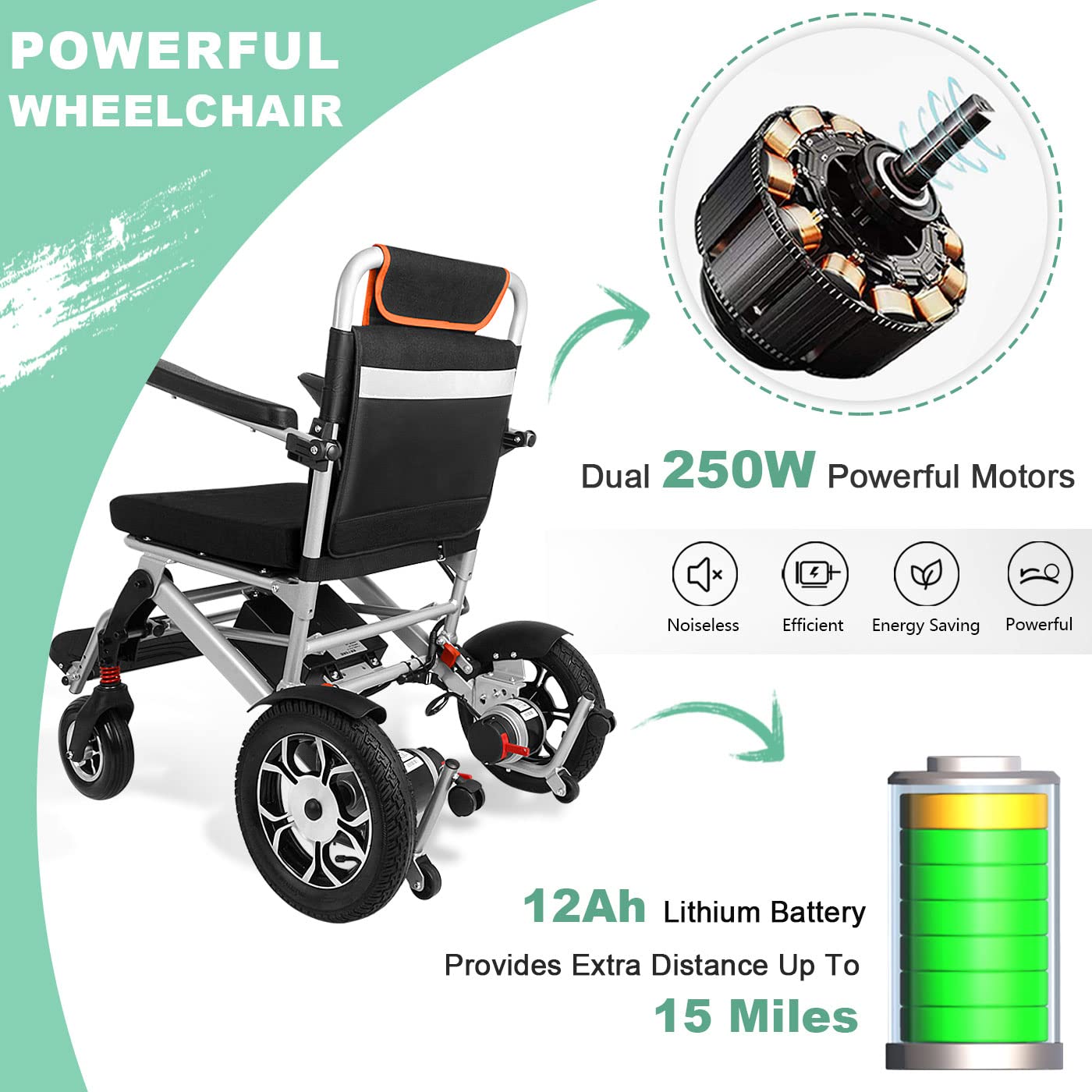 Silla de Ruedas Eléctrica Liviana Plegable Power Mobility Peso de la Silla de Ruedas de Solo 58 Lb con Neumáticos Traseros de 12"Soporte Más Estable Motores Duales de 220 Lb Y Batería de Lit