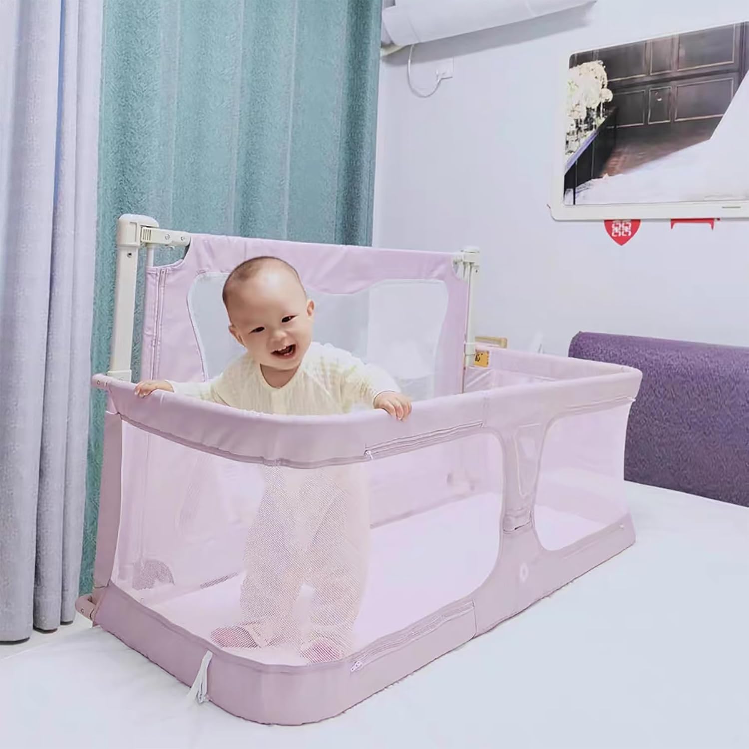 Bedside Crib - 3 in 1 baby bassinets bedside sleeper, baby bed sleeper, Portable Crib and Bed Rail for Co Sleeping Babies, bed bassinet for baby in bed, Bed side lifting fence with Adjustable Height (