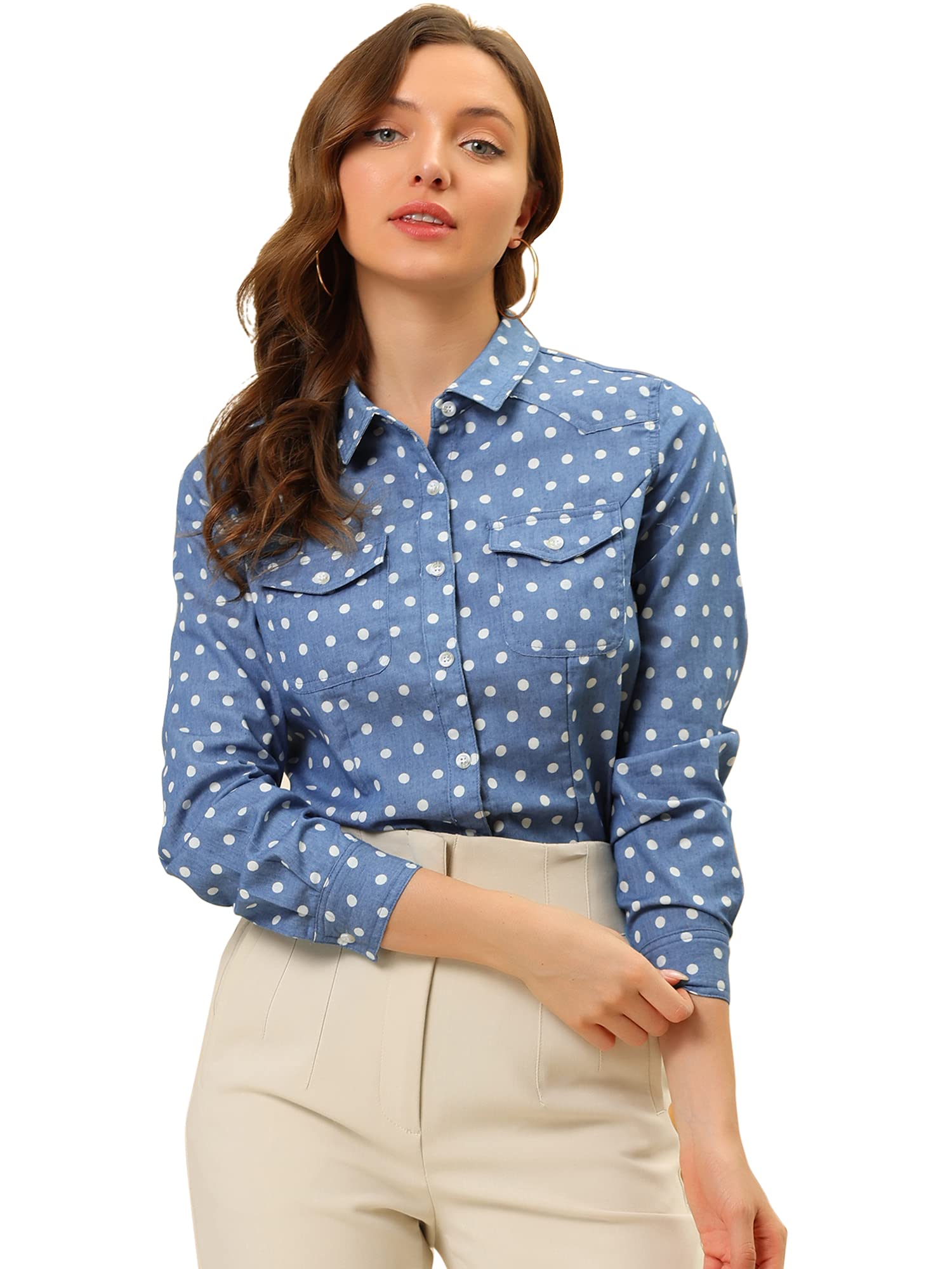 Women's Long Sleeve Chambray Poplin Button Down Denim Shirt