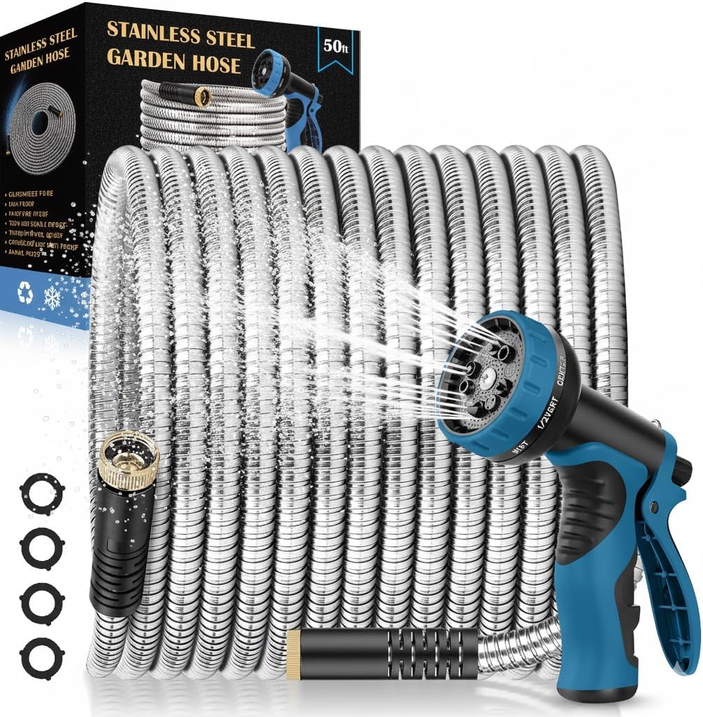 Stainless Steel Garden Hose 50ft – Kink-Resistant Metal Water Hose with Solid Brass Connectors, 10-Function Nozzle & Spare Seals – Fits All US Faucets