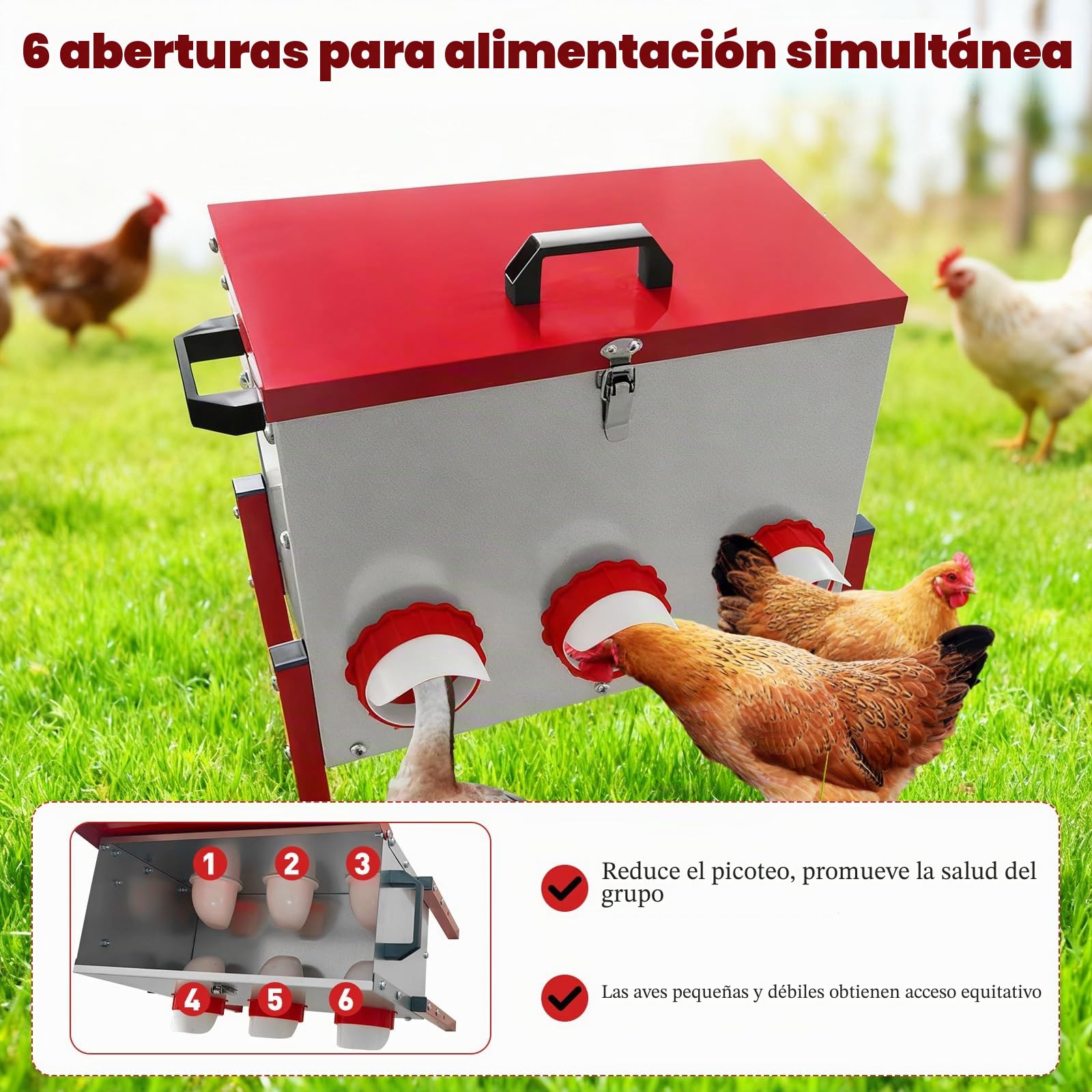 Comedero Gallinas Gran Capacidad 15 kg (33 lbs), Comedero para Gallinas Anti Ratas, Impermeable y Resistente a la Humedad, con 6 Agujeros, para Patos/Gansos, Gallinero Exterior/Granja/Patio Trasero
