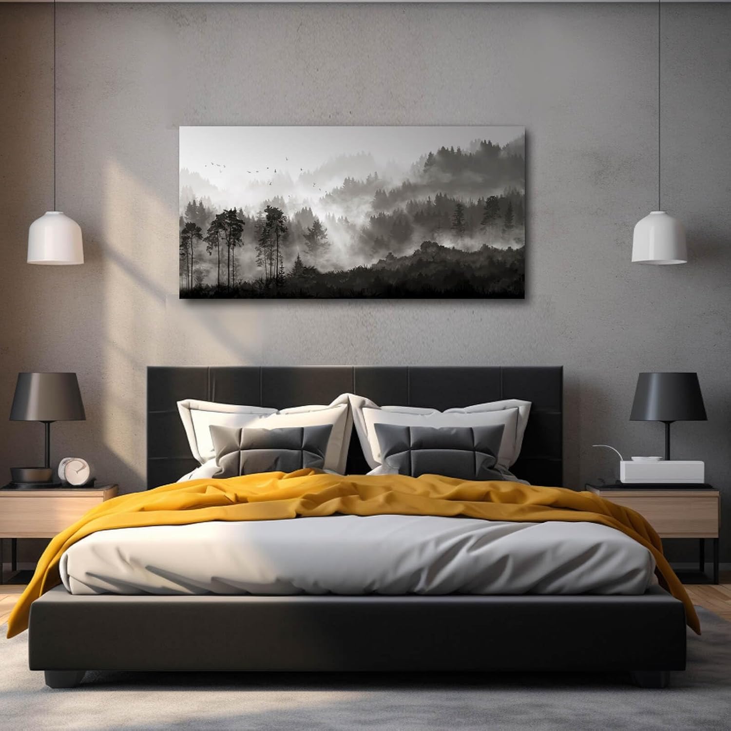 YJYart Landscape Wall Art Black Forest Tree Painting for Bedroom Living Room Kitchen Office Well Decoration Ready to Hang 24x48 Inches