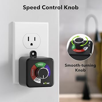 BN-LINK Variable Fan Speed Controller, Plug-in Electric 3 Speed Regulator Adjuster Cordless for Duct Inline Exhaust Vent Blower, Ventilation Fans, AC Motor Speed Controller, 125V, 4.8A, 600W