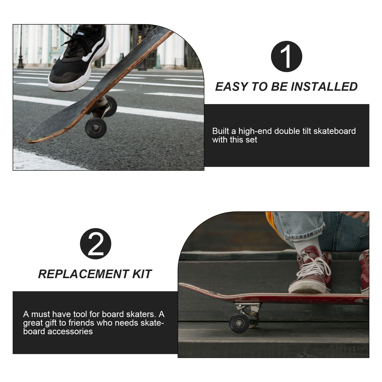 VOSAREA Kit Complet de Pont de Skateboard Roues et Roulements Double Inclinaison en Alliage D'aluminium Léger Accessoires Faciles à Installer Plusieurs Styles pour Plusieurs Styles