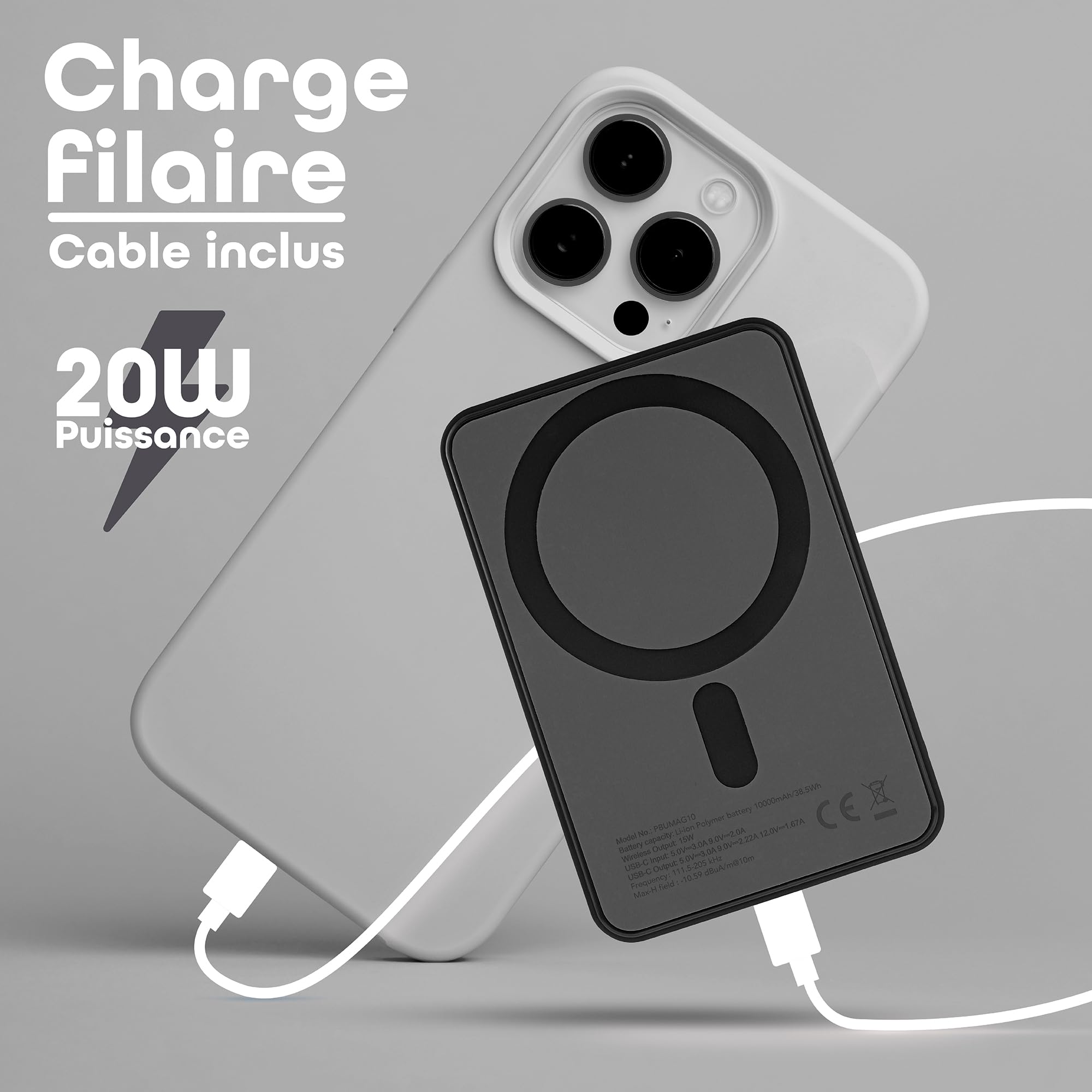 T'nb - Batterie de Secours MagSafe 10 000 mAh, Recharge sans Fil et USB-C 20W, Fonction Support Intégré, Indicateurs LED, Plastique Recyclé - Gris