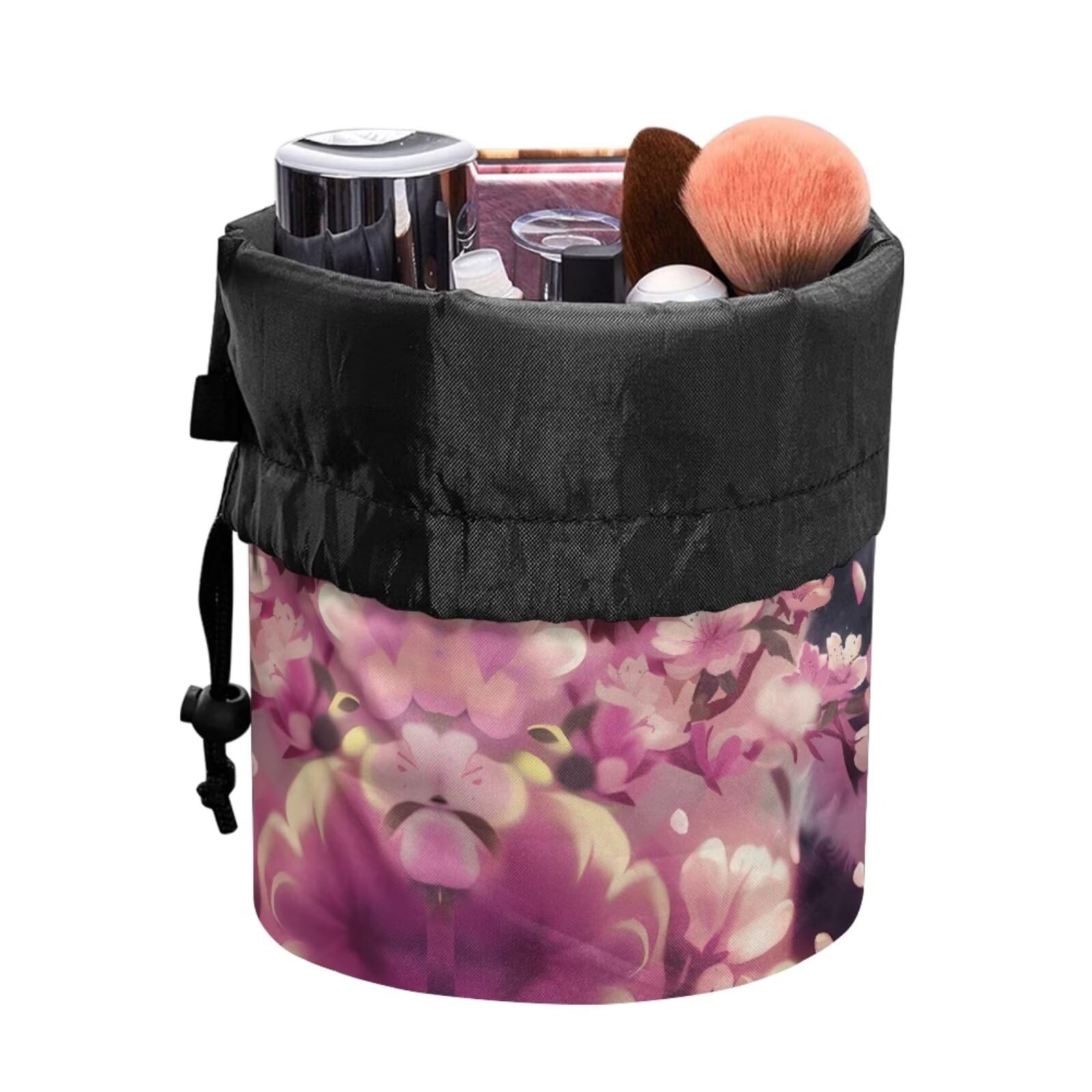 chaqlin Pink Panda Travel Cosmetic Bags Barrel Makeup Bag,Women Girls Portable Foldable Cases Multifunctional Toiletry Bucket Bags Round Organizer Storage Pocket - Image 4