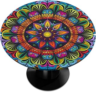 Flower Mandala Round Fitted Tablecloth Boho Colorful Circle Table Cover with Elastic Edge Waterproof Wipeable Polyester Small TableCloths for Outdoor Picnic Party Patio Dining Fit for 40"-44" Table