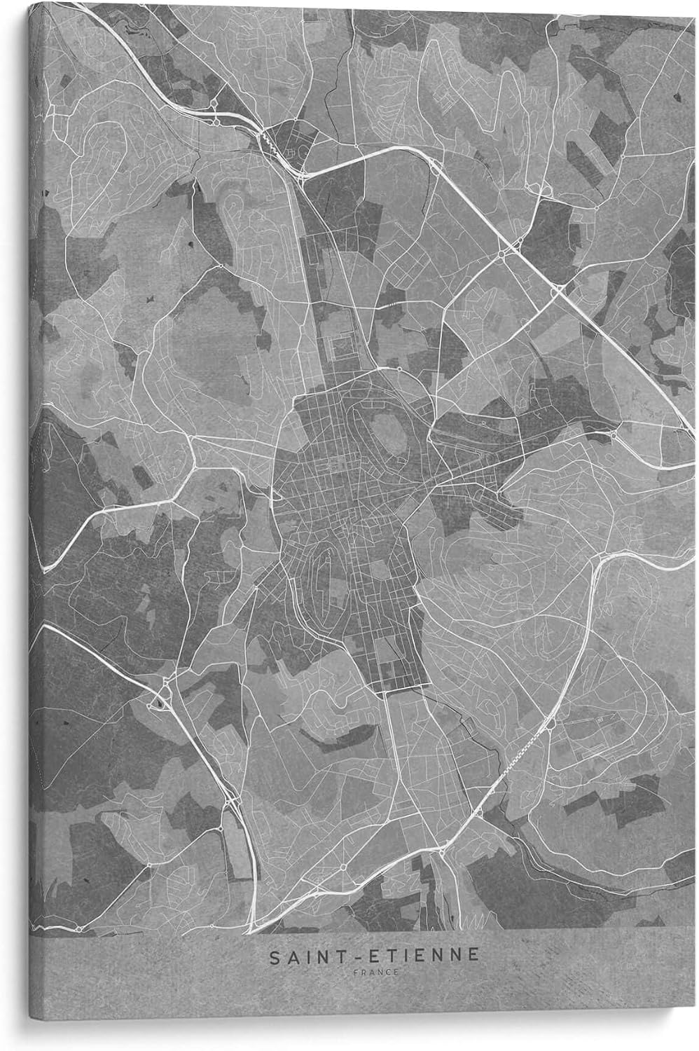 Canvas Lab | Gray vintage map of Saint Etienne France by Rosana Laiz Blursbyai | 24 x 32 in | Canvas Print Wall Art | Black and White, Cities, Maps, Minimalist, Travel, Retro