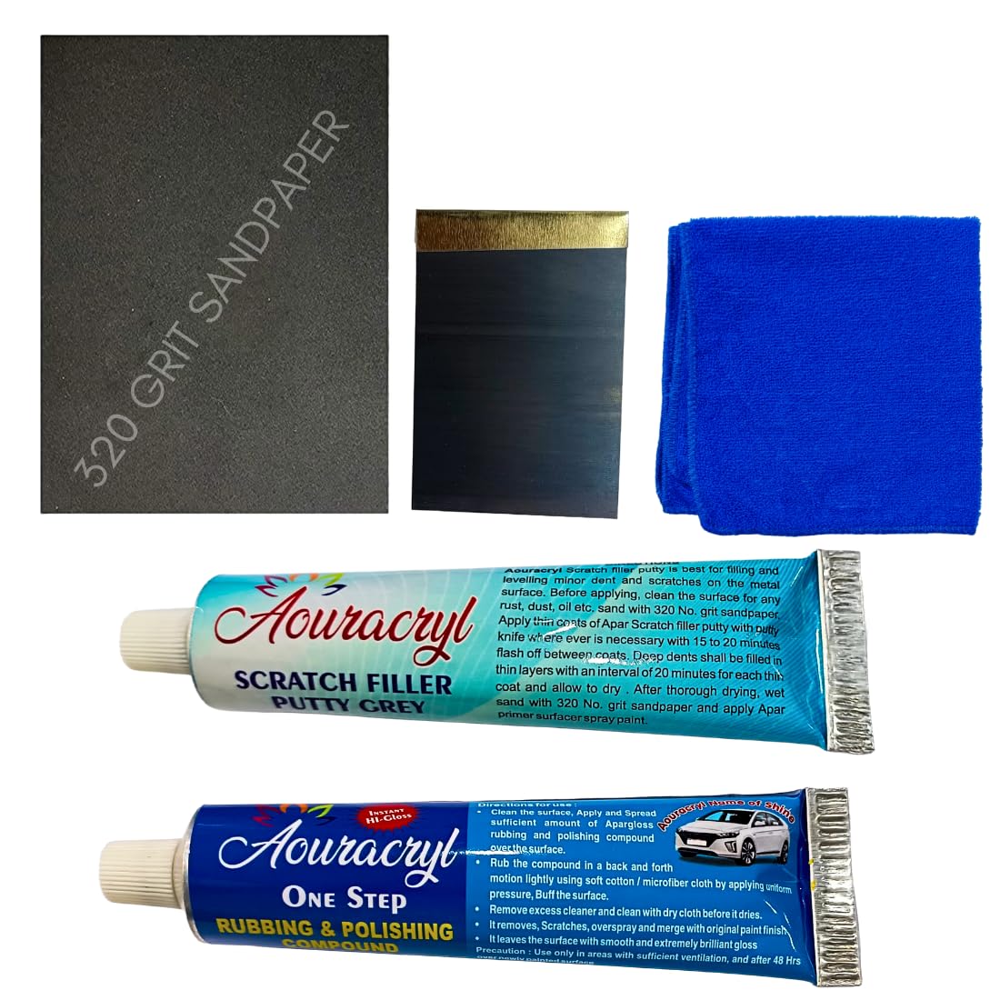 AOURACRYL scratch Filler Putty Tube(50gms), One step rubbing and polishing Tube(30 gms) microfiber cloth, putty spatula and paper-320 grit sandpaper (Combo Pack of 5)
