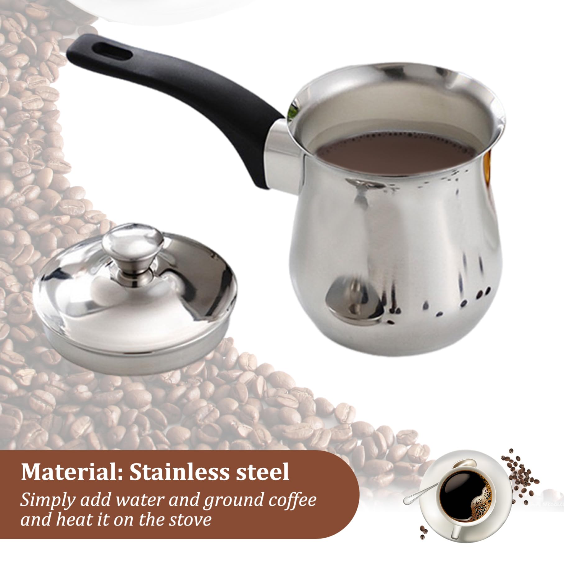 Milchkanne, 180 ml, türkische Kaffeekanne aus Edelstahl mit verbrühungssicherem Griff, einfach zu verwendender arabischer Kaffee mit Deckel für Milchschokoladen-Butterkäse