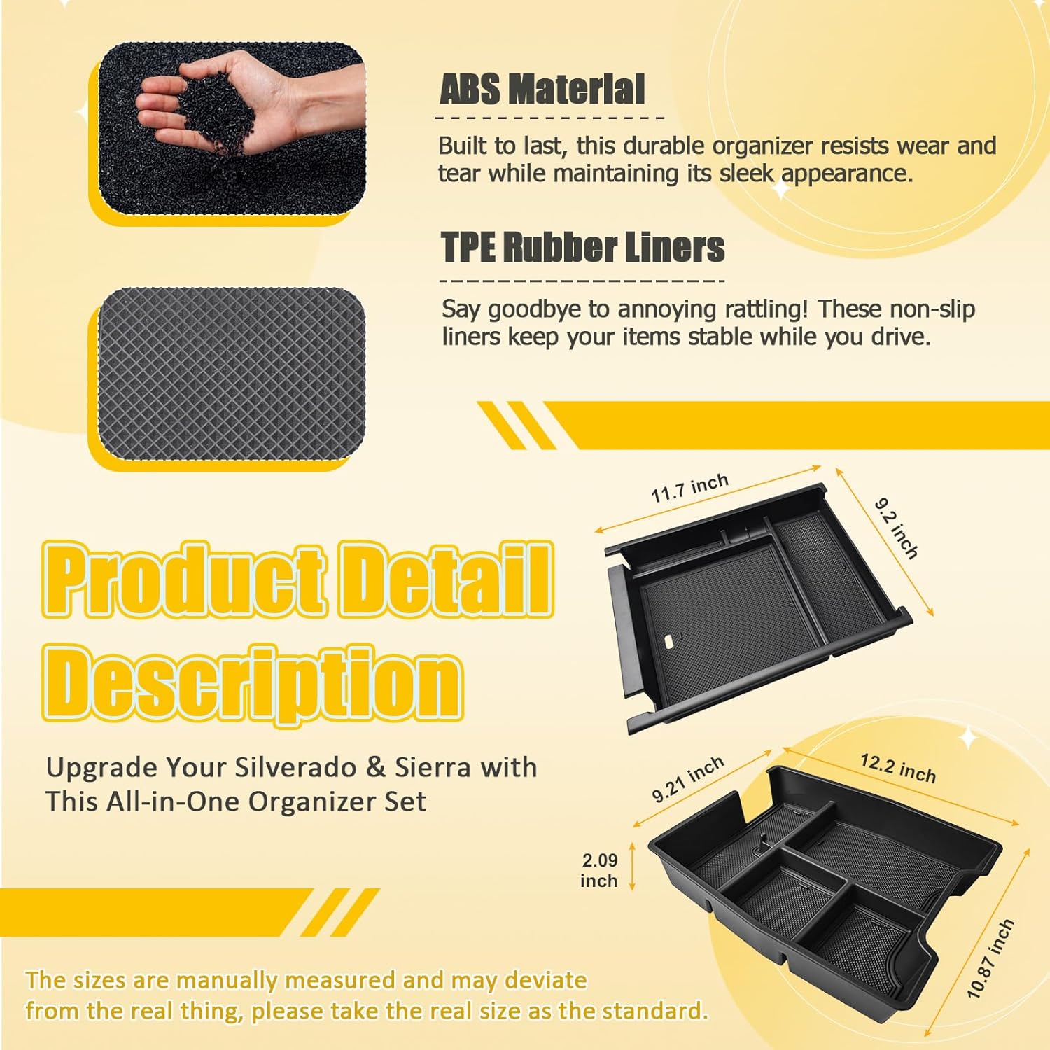 2PCS Center Console Organizer Compatible with 2019-2025 Chevy Silverado/GMC Sierra 1500 & 2020-2025 Silverado/Sierra 2500HD 3500HD Truck Accessories (Split-Bench Folding Seat) Dual-Layer Storage Tray