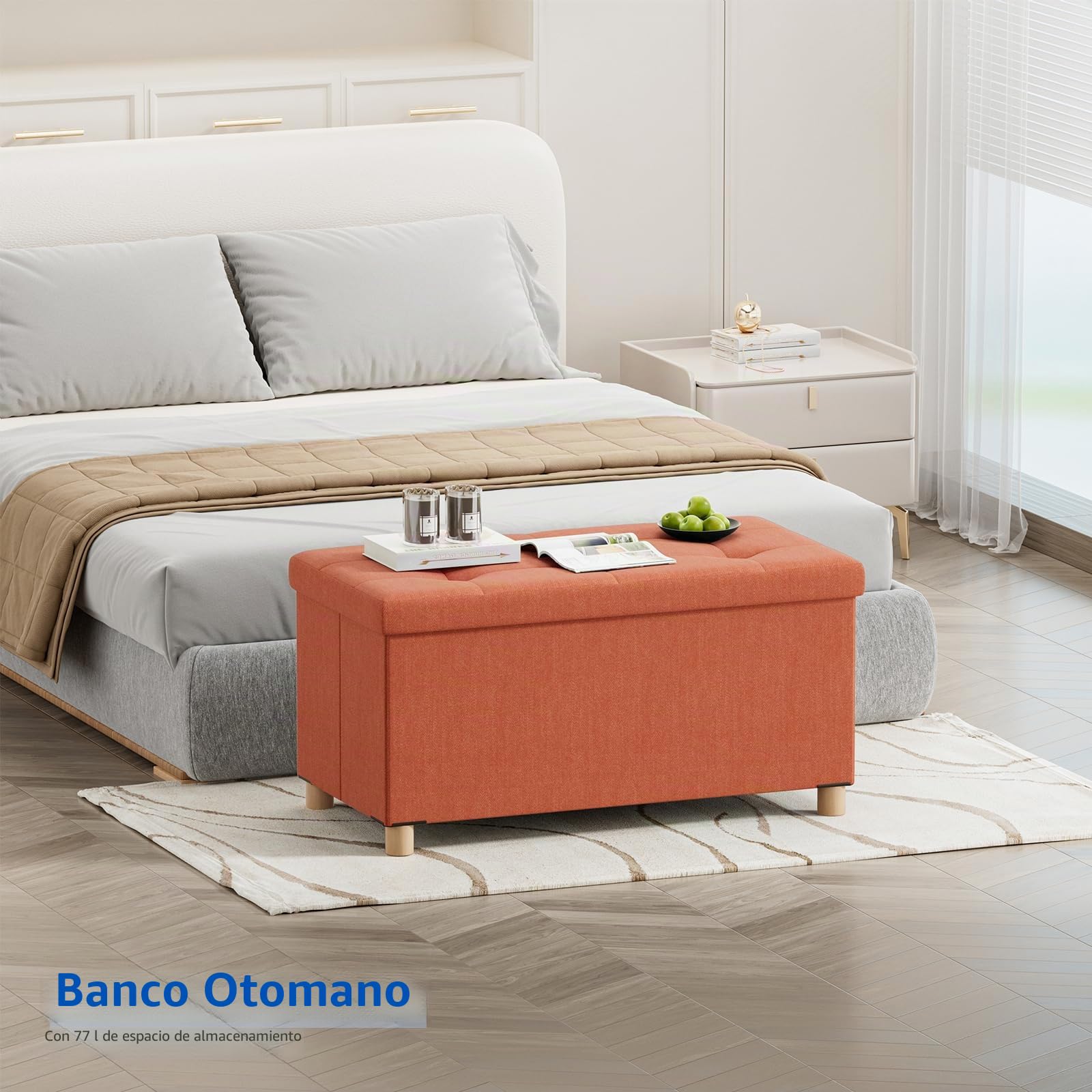 BRIAN & DANY Puff Almacenaje, Baul Almacenaje Dormitorio, Banco Almacenaje con Pies de Taburete, Naranja, 76 x 38 x 38 cm