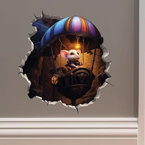 Miniatura 1 de Steampunk Mouse in Flying Machine Mouse Hole - Calcomanía de pared 3D con agujero de ratón