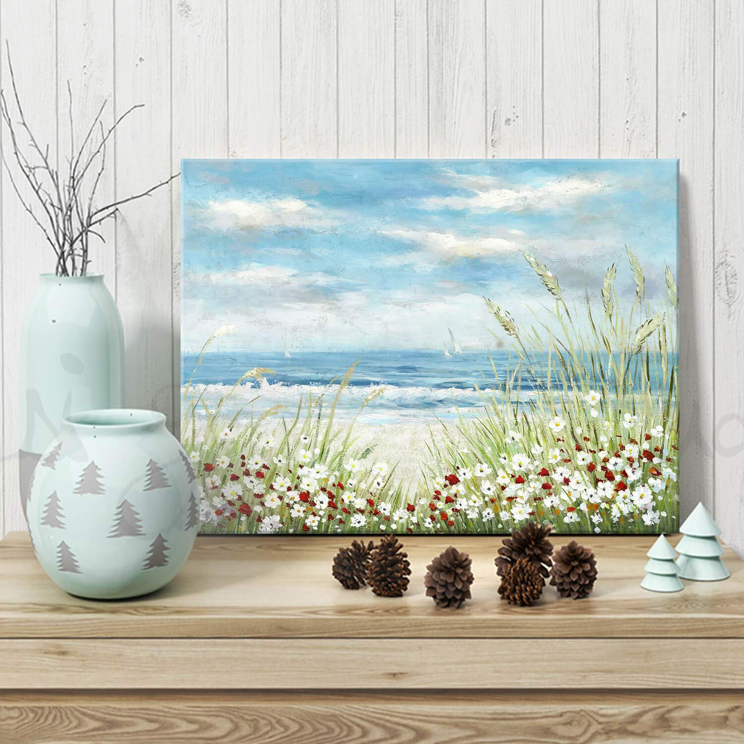 砂浜の絵 (アメリカで購入) Amazon.com: Blue Coastal Wall Art Ocean Canvas Flowers