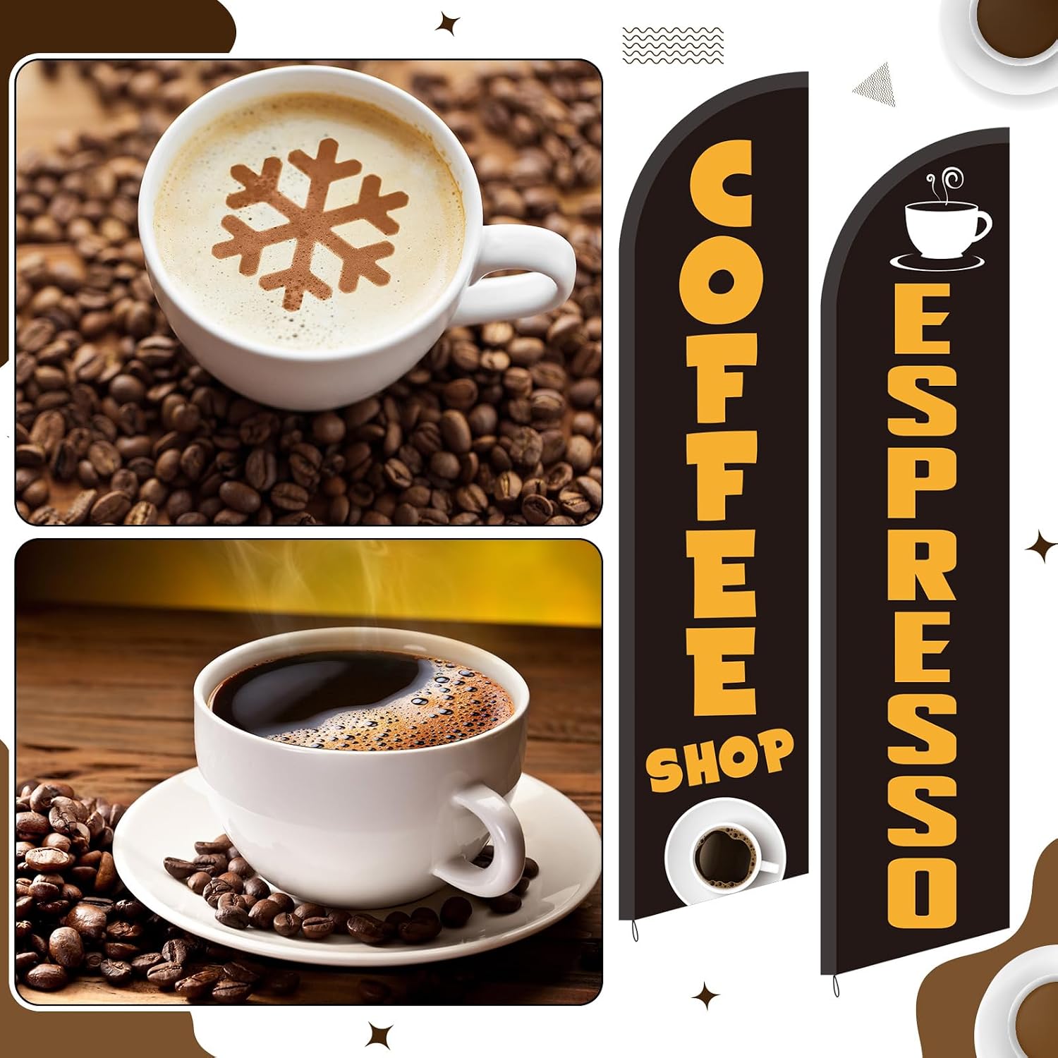 Remagr 2 Pack Coffee Espresso Feather Flags Cafe Feather Swooper Banner 2.5 x 12 ft Tall Heavy Duty Coffee Espresso Shop Advertising Market Sign Weatherproof Outdoor Business Flag Only (Fashionable)