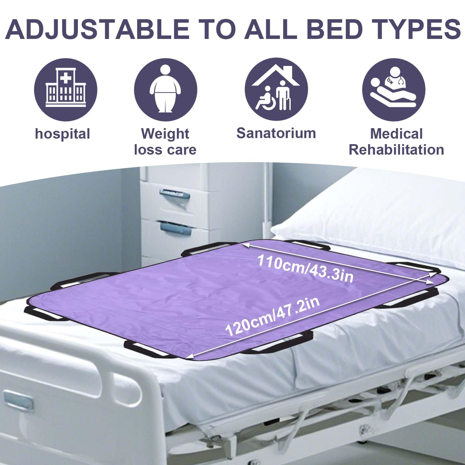 Transferboard für Patientenlifter, Gleittuch für Bettlägerige mit 8 Griffe, Patiententransferbrett 120 x 100 cm, Wiederverwendbar Gleitmatte Pflege, Gleitlaken Patienten Senioren (Lila)
