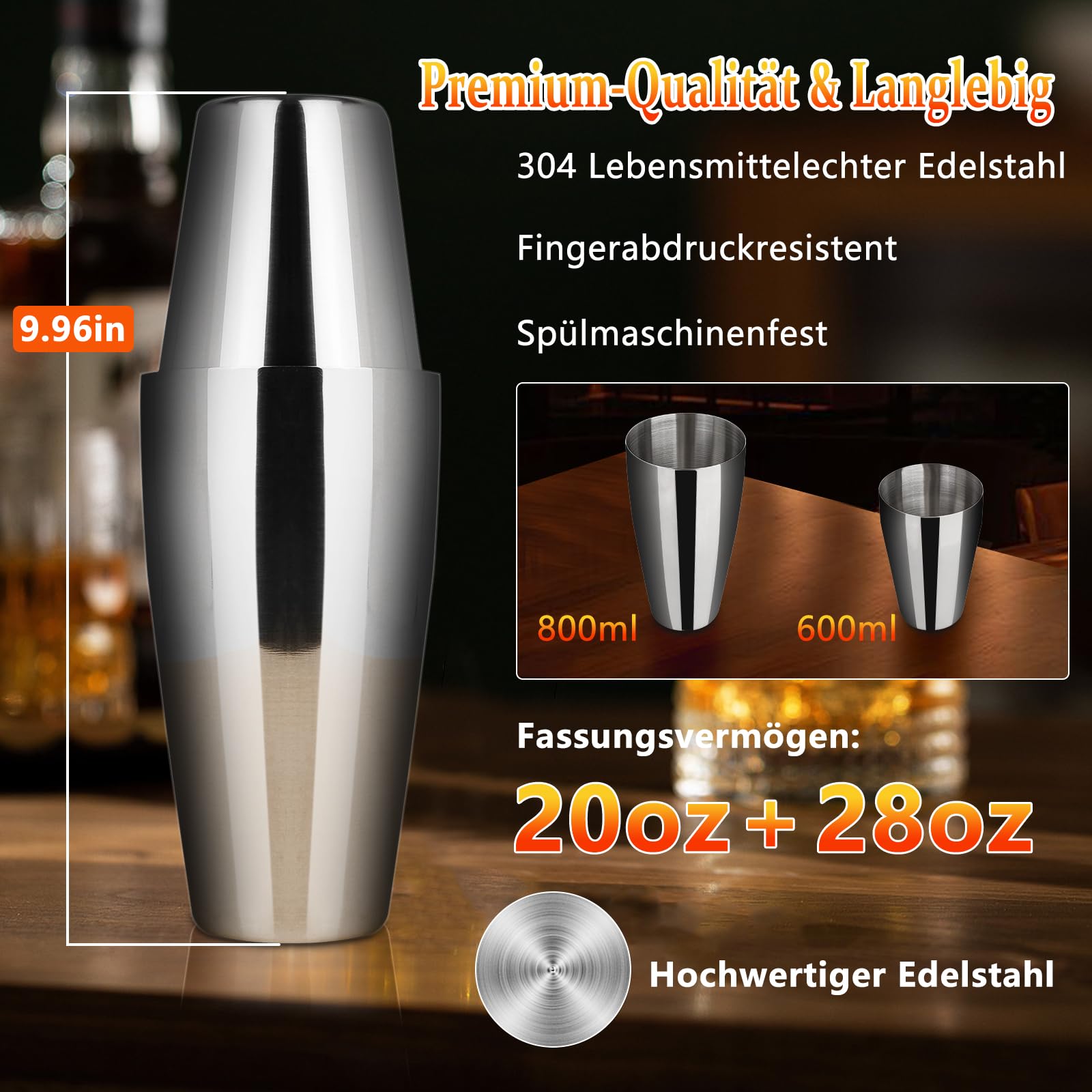 LIVE4COOL Boston Shaker, 8-teiliges Cocktail Set - 750 ml Edelstahl Cocktail Shaker Sets für Zuhause und Bar, inklusive Rezeptkarten und Zubehör, perfekt als Präsent für Anfänger und Profis