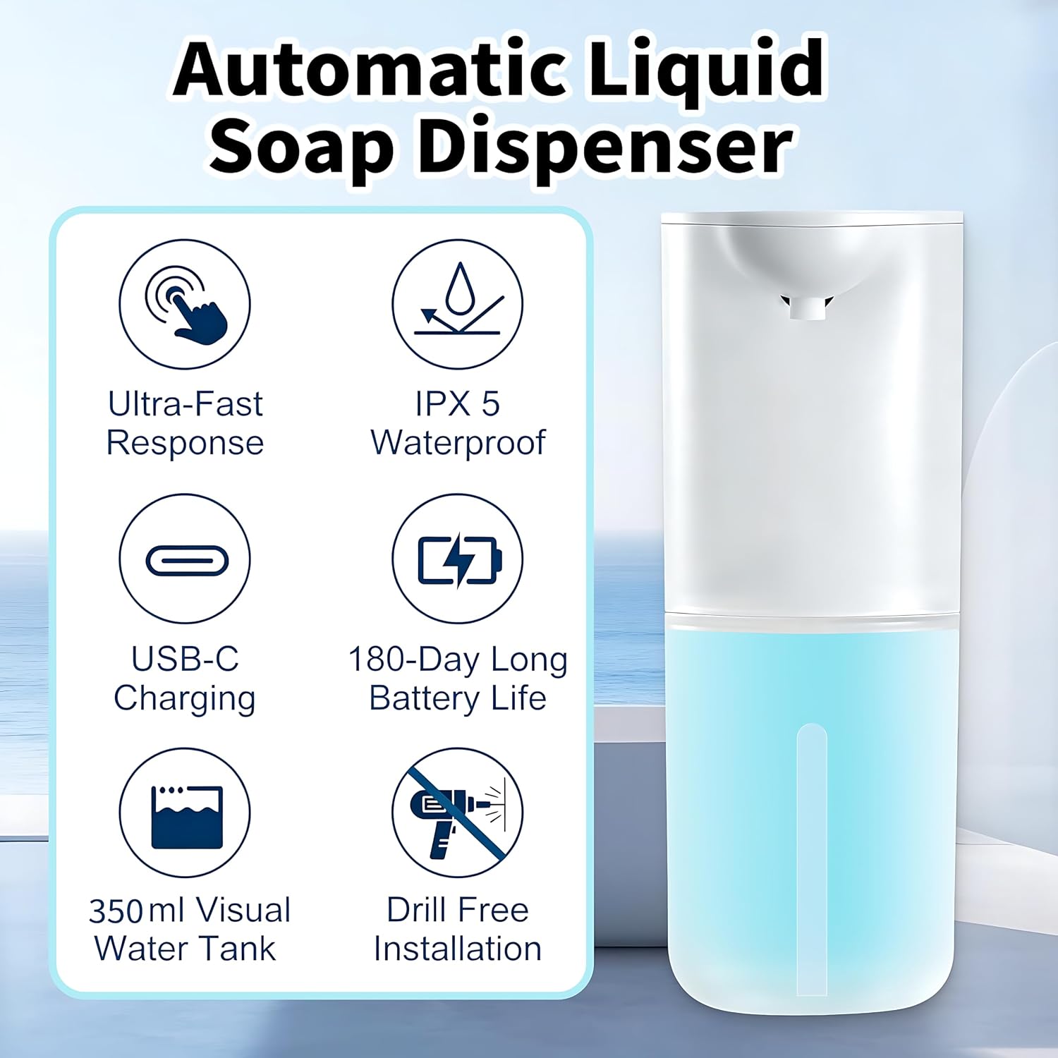 Touchless Automatic Foaming Soap Dispenser, Hands‑Free Foam Hand Soap Dispenser, USB Rechargeable Waterproof Wall‑Mountable with Adjustable Foam Volume, Long‑Lasting Battery Hand Soap Dispenser