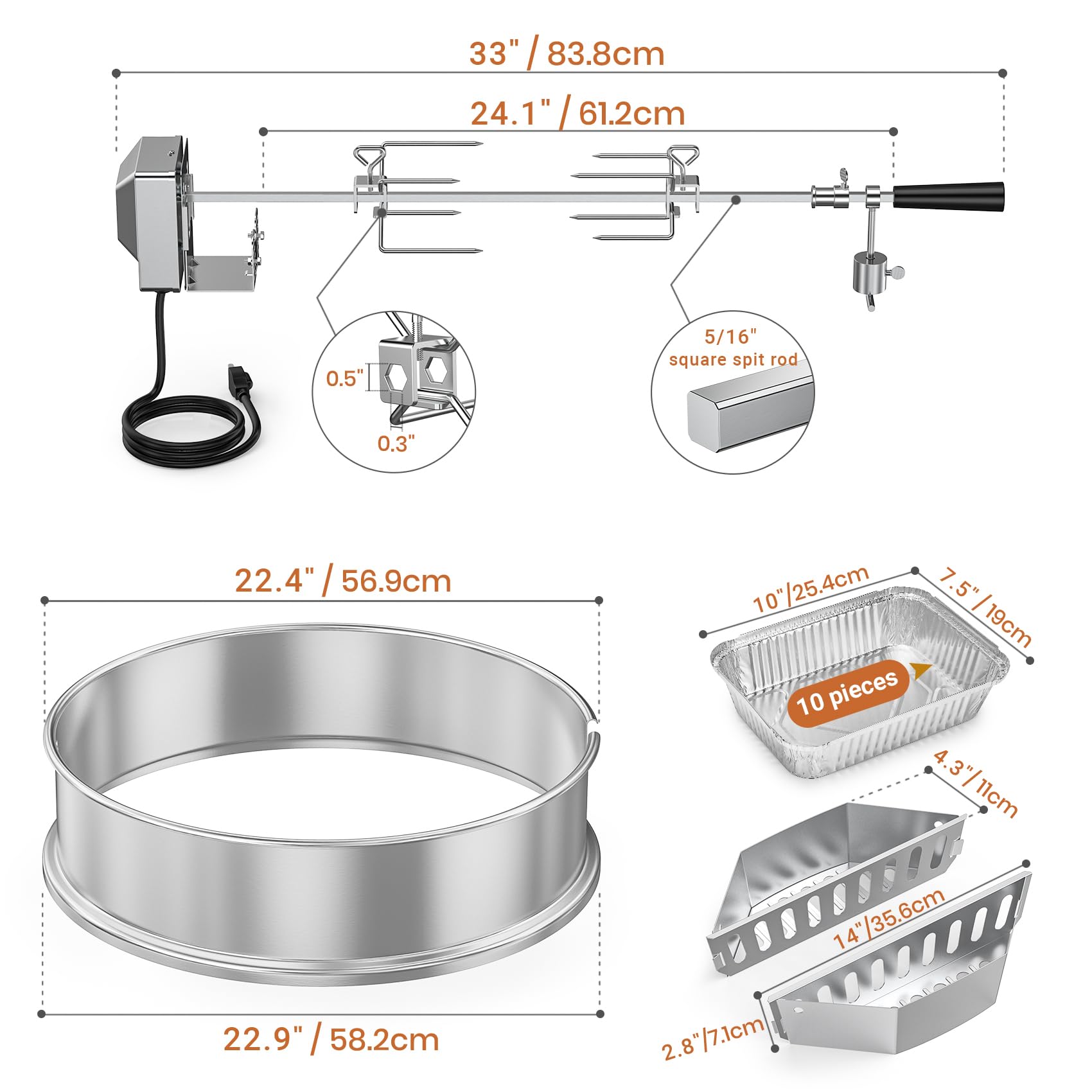 onlyfire Set de Mejora Asador Ring para Barbacoa con 2 Cestas para Carbón y 10 Bandejas de Recolección de Grasa de Aluminio，para Weber 57cm y la Mayoría de Otros 57 CM Kettle Charcoal Grills