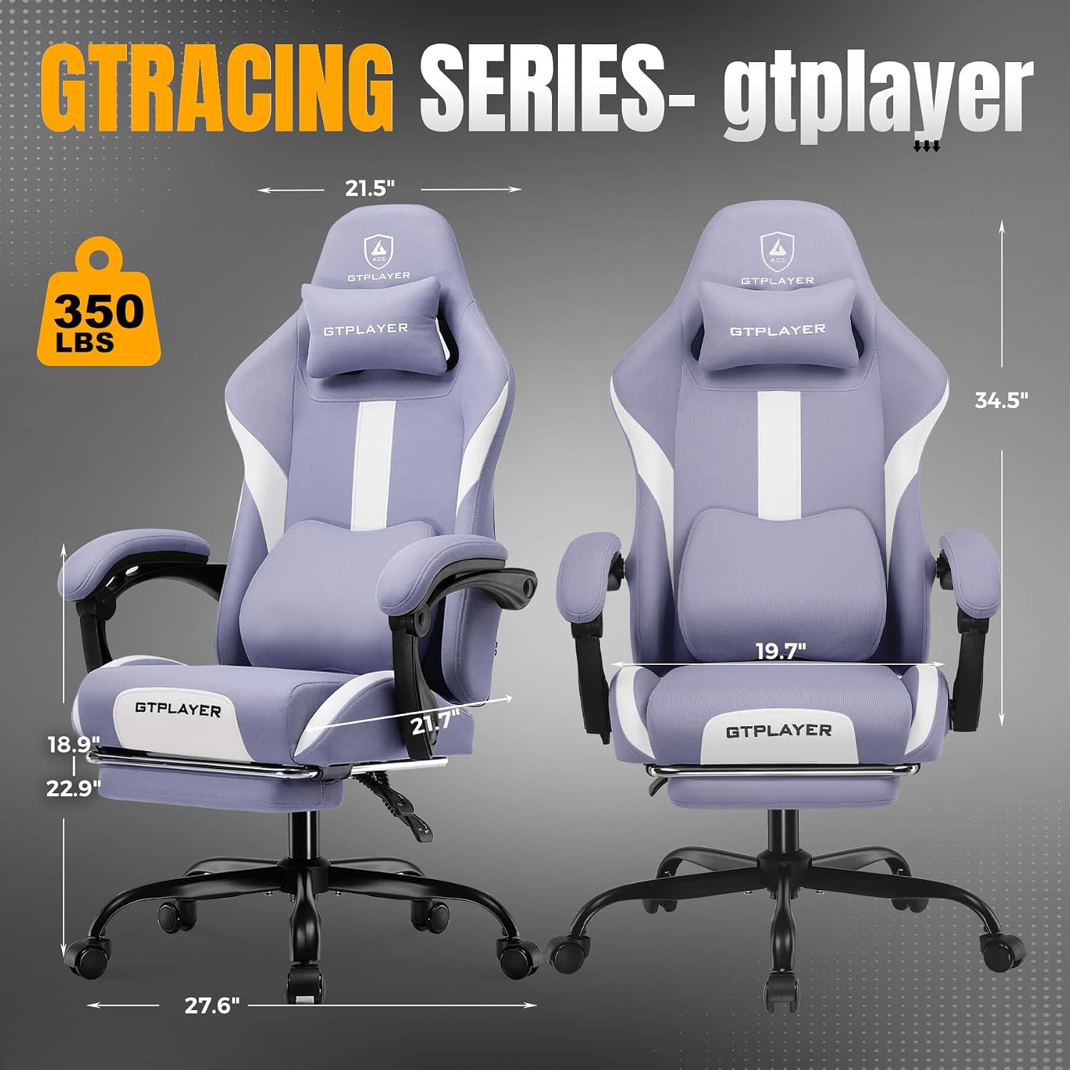GTPLAYER Gaming Chair with Foot Rest & Pocket Spring Cushion, Breathable Fabric for Home Office Desk, Ergonomic High Back Computer Chair with Headrest & Lumbar Support, Lavender Purple - 2