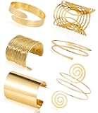 COLOYAN 6Pcs Gold Arm Cuff Set - Adjustable Minimalist Simple Coil Bangle Wide Wire Grooved Cuff Open Arm Band Bracelets for Women