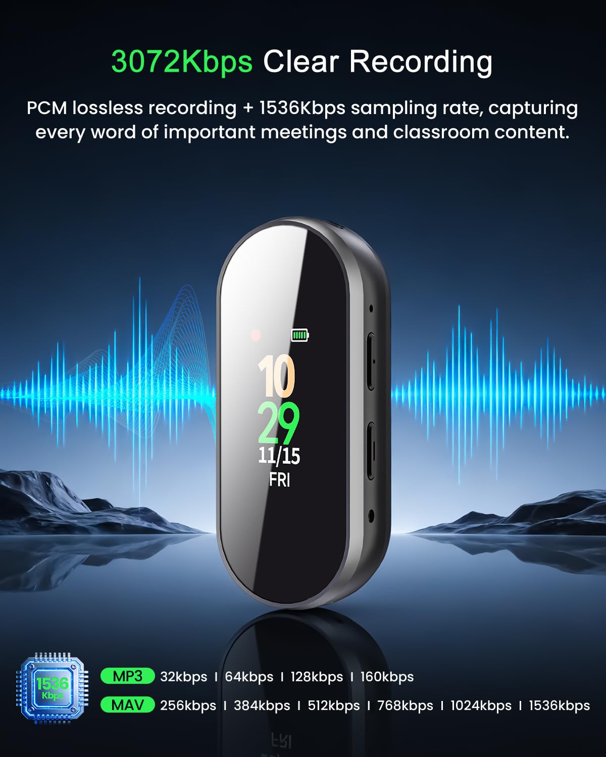 Cyfrowy dyktafon 64 GB profesjonalny i przenośny, 4 w 1 nowa ulepszona redukcja szumów Hi-Fi czysta jakość dźwięku, 3072 Kb/s dyktafon aktywowany dźwiękiem do wykładów, spotkań i kursów
