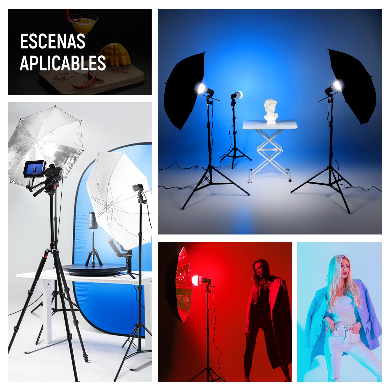 NEEWER Kit de Iluminación Foto Studio de 400W Equivalente Incandescente, 2x Paraguas Negro, 2x Paraguas Blanco, 2x Bombillas LED 24W, 1x Bombilla LED RGB 24W, para Iluminación Fotográfica,NK501