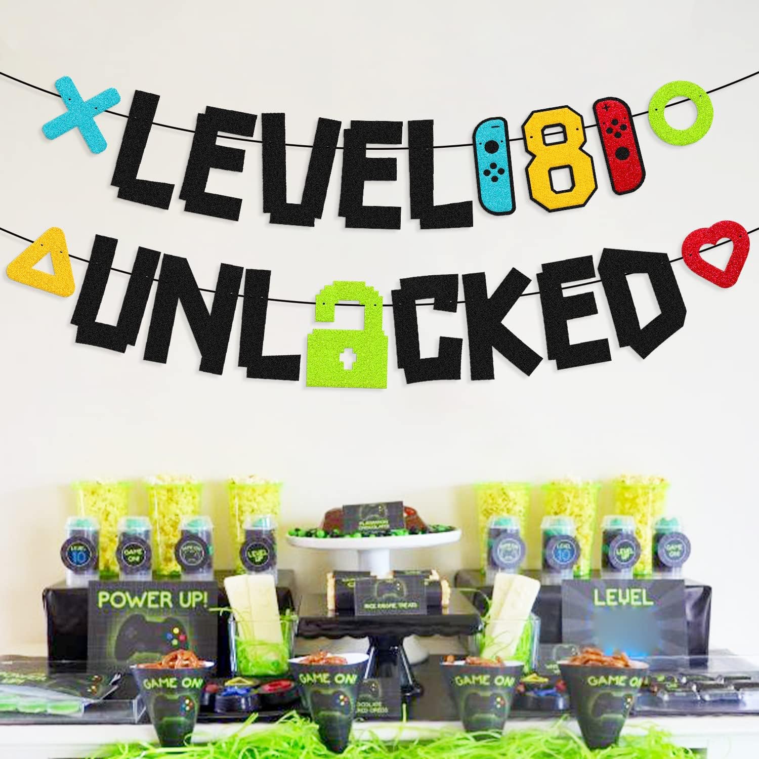 Level 8th Unlocked Sign Banner Happy 8th Birthday Level Up Eighth Bday Party Decorations for Video Game Controller Themed Kids Boy Girl Birthday Event Celebration Supplies Double Sided