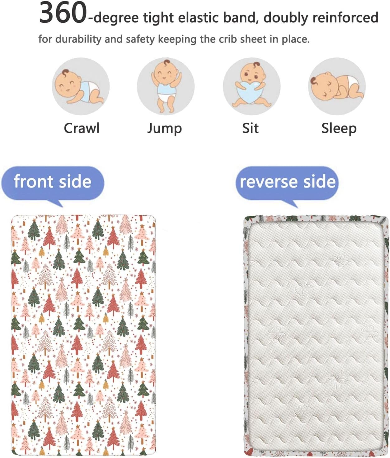 Christmas Fitted Crib Sheet - Holiday Winter Cartoon Christmas Tree Pattern, Standard Mattress Sheet for Toddler Bed, 28" x 52", Multicolor