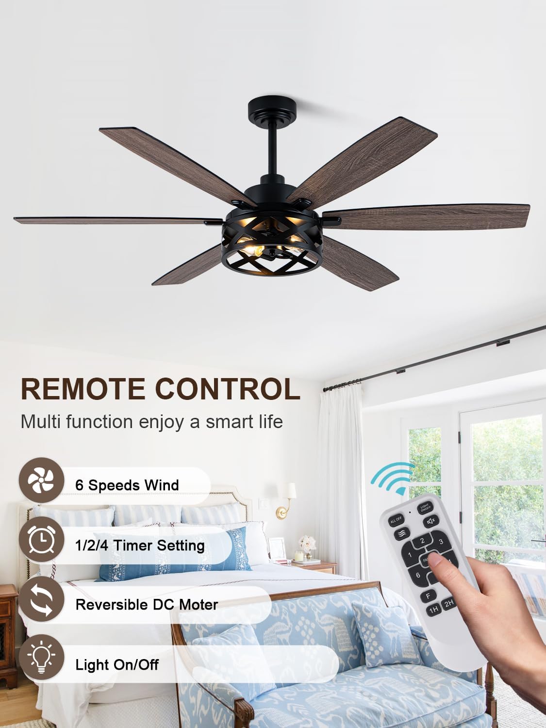 60 Inch Farmhouse Ceiling Fan with Lights Large Rustic Ceiling Fan Black Caged Fandelier Chandelier Light for Living Room Indoor Outdoor, Reversible DC Motor, 2 E26 Bulbs (Not Included)