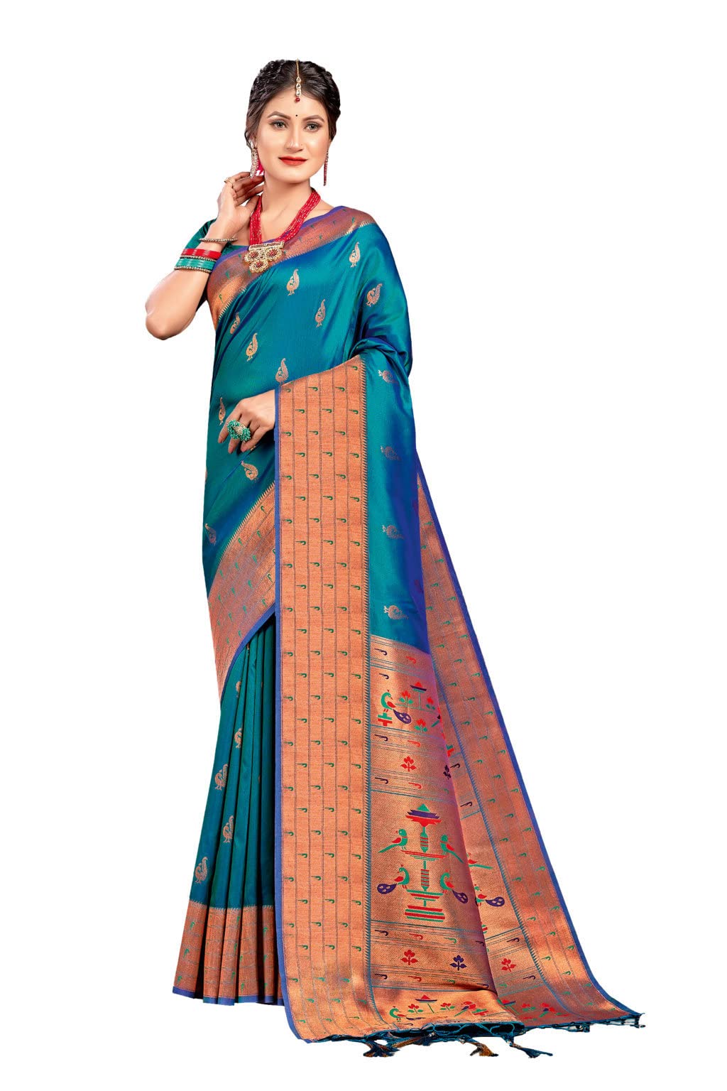 Sangam Prints Women's PAITHANI SILK Woven Work Saree with Blouse Piece (BWSHU-1002,Turquoise)