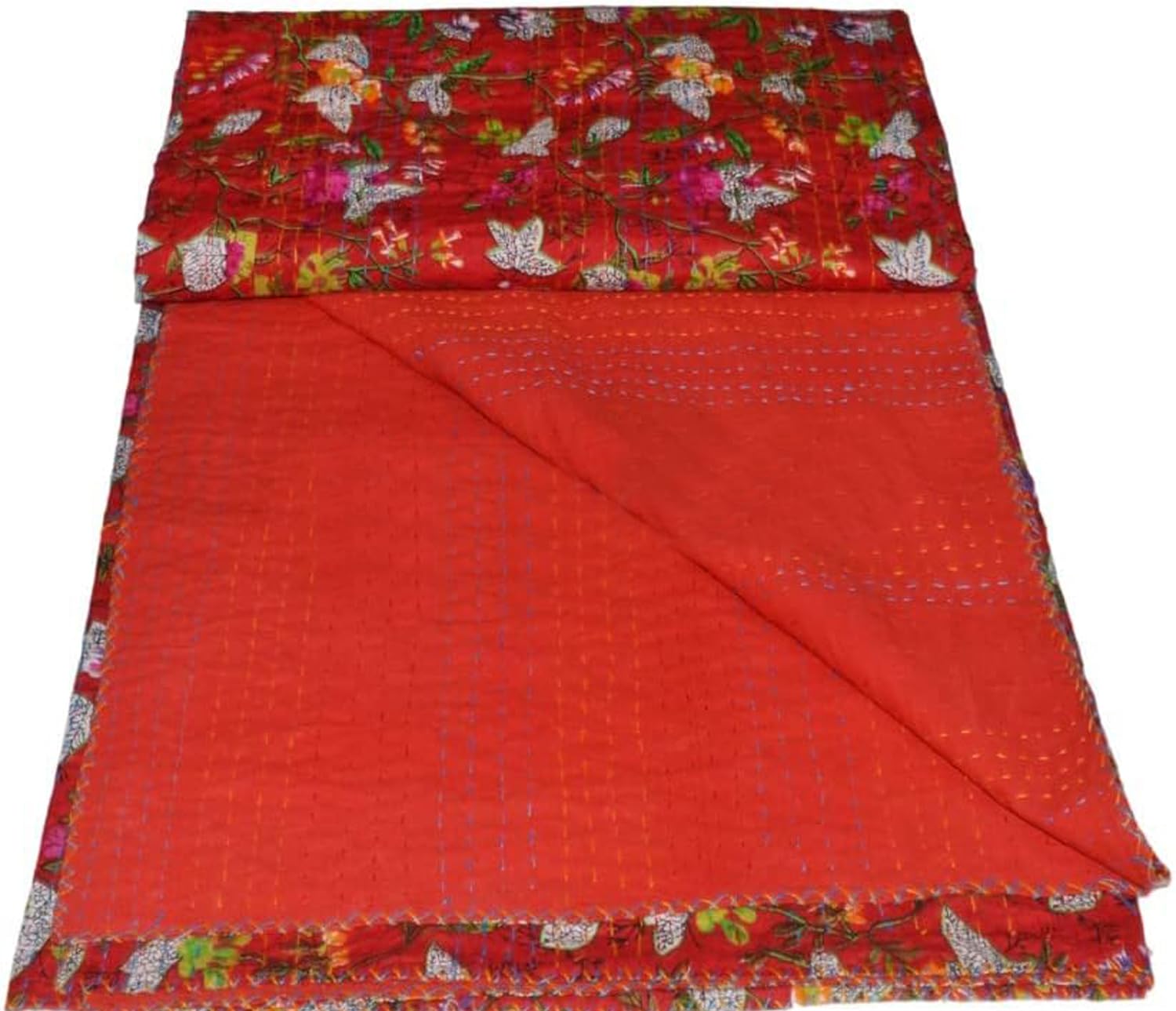 Courtepointes réversibles en coton bio Queen Size - Courtepointes Kantha vintage faites à la main - Couverture traditionnelle Queen Size - Couette en coton d'Inde