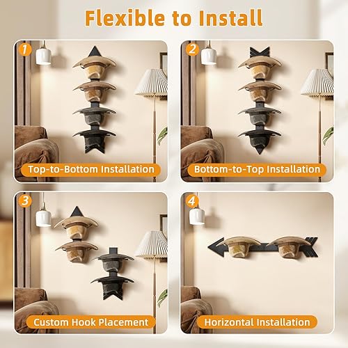 Miniatura 5 de HYDERMUS Perchero para sombreros de vaquero para pared, 6 piezas de madera rústica, diseño de flecha, organizador de sombreros de vaquera, montaje