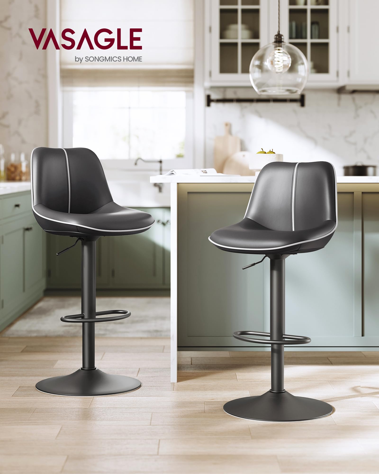VASAGLE Lot de 4 Tabourets de Bar, Pivotants, Réglables en Hauteur, Dossier Ergonomique, PU, Base Métallique, Modernes, pour Îlot de Cuisine, Bar, Noir d'encre LJB268B01