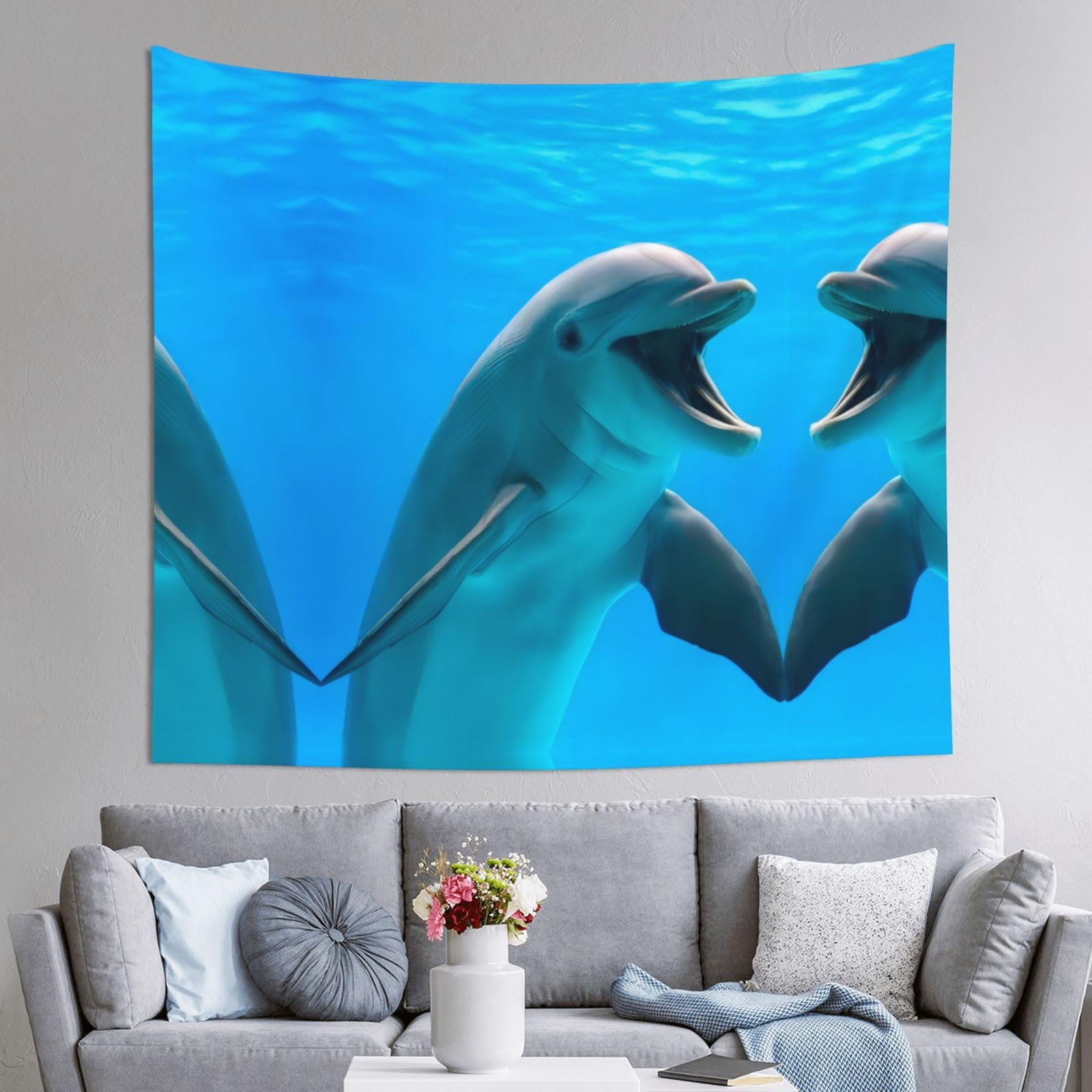 HLSBSSL 60x51in Happy Dolphin Printed Tapestry Tablecloth for Dormitory and Picnic Rooms - Multifunctional Fabric Hanging