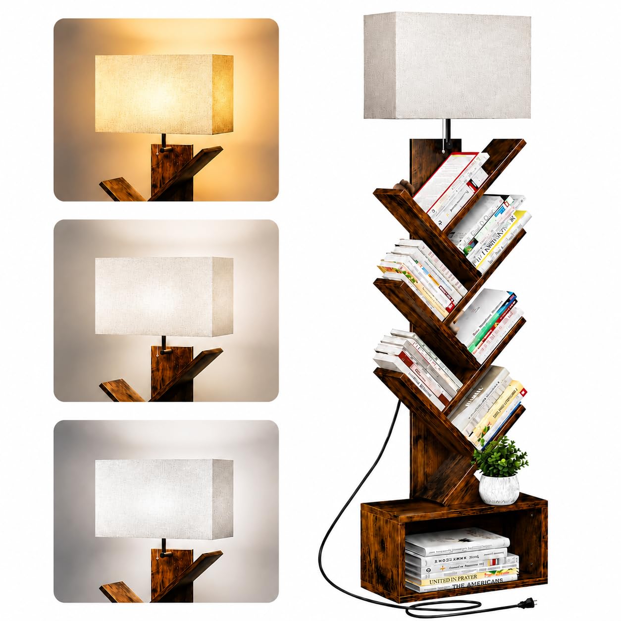 Libreria ad Albero a 6 Ripiani con Lampada da Terra, Lampadina LED E27 da 12 W e 3 Temperature di Colore, Scaffale Angolare Salvaspazio con Vano per Soggiorno, Camera, Studio e Piccoli Spazi