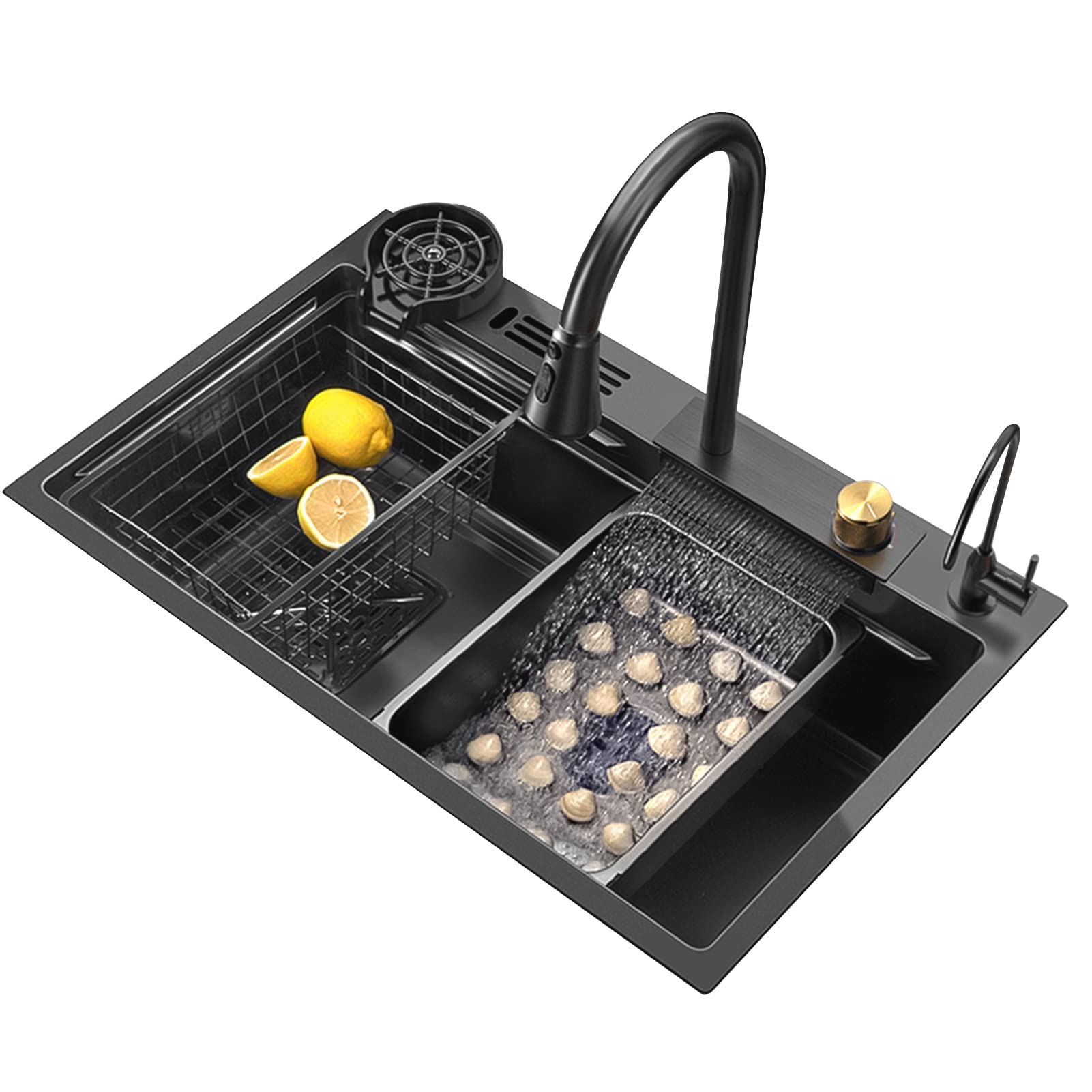 Sarlai Schwarze Wasserfall-Küchenspüle 76,2 Cm – Edelstahl 16 Gauge, Topmount, Mit Ausziehbarem Wasserhahn & Zubehör