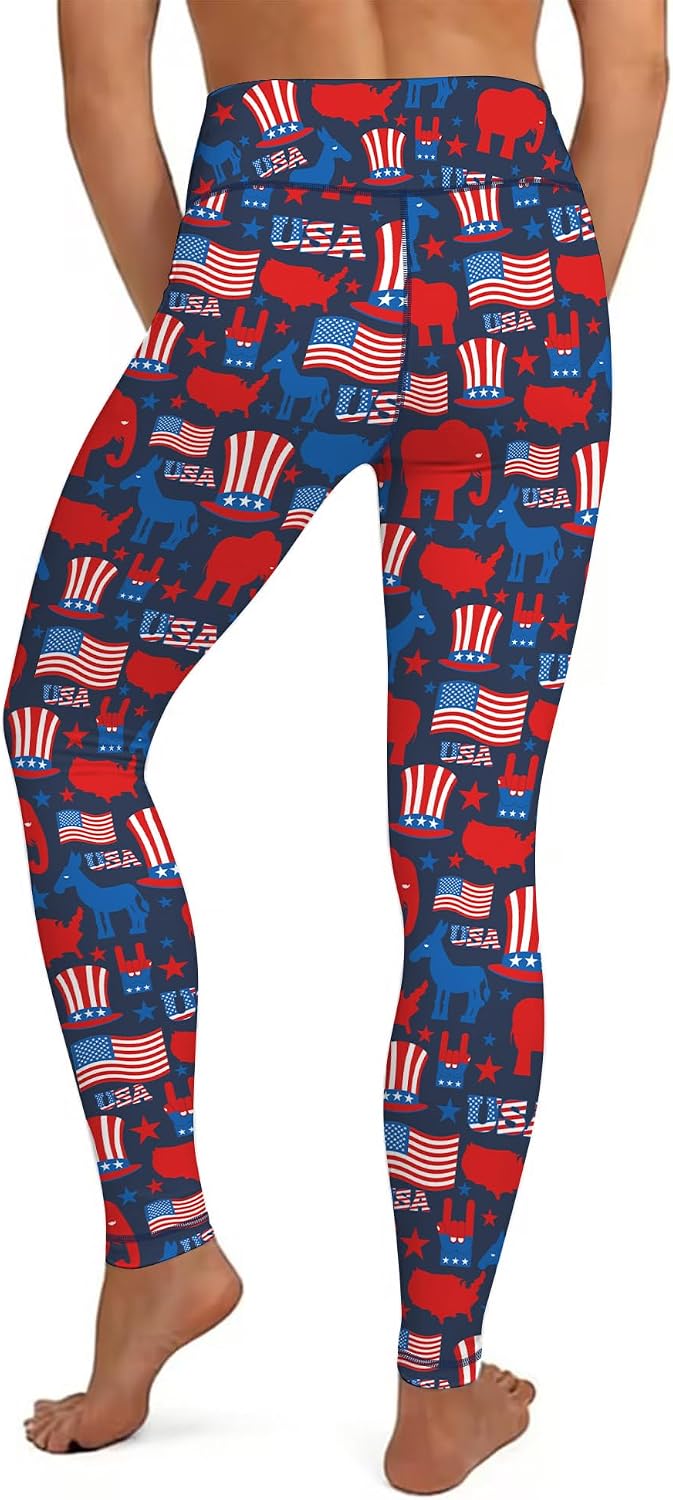 Women's 4th of July Workout Leggings, USA Flag High Waist Sports Pants for Running Cycling Yoga