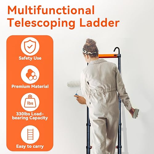 Miniatura 3 de Escalera telescópica de 12.5 pies, escalera de extensión de aluminio con estabilizadores triangulares y ganchos desmontables, escalera de techo