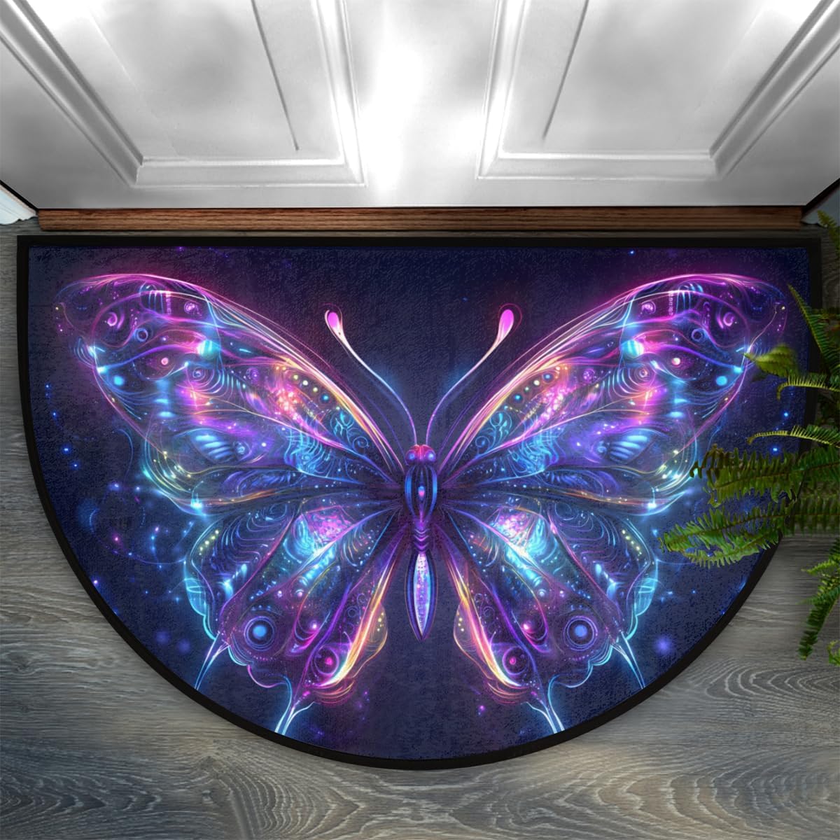cfpolar Non-Slip Soft Half Round Door Mat, Glowing Purple Butterfly Semicircle Mat for Indoor Entrance Garage Bath Living Room Patio 24 x 36 in